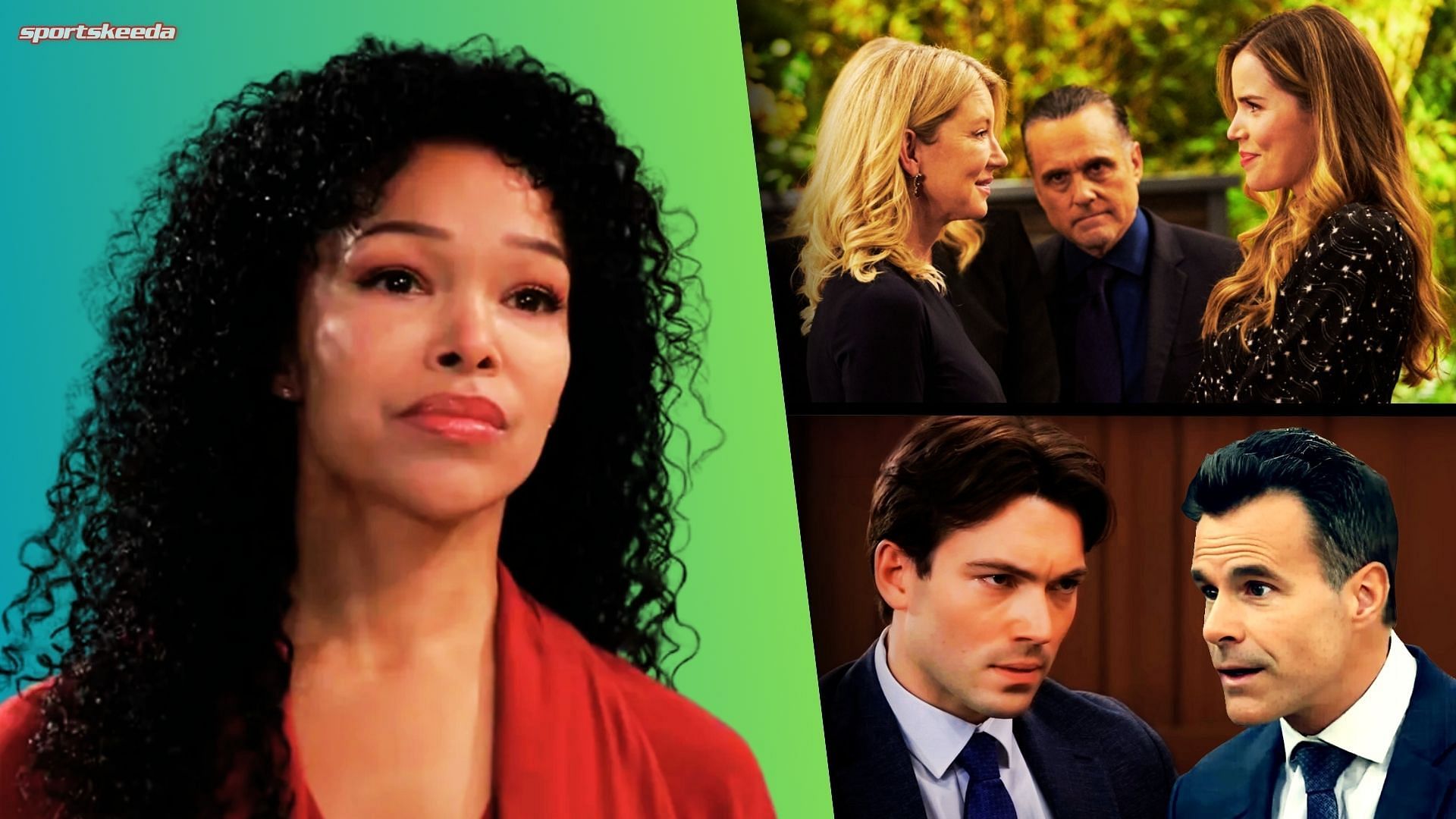Clockwise from left, Portia, Nina, Sonny, Sasha, Drew and Michael on General Hospital (Custom edit by Sportskeeda, Original images via ABC Network)