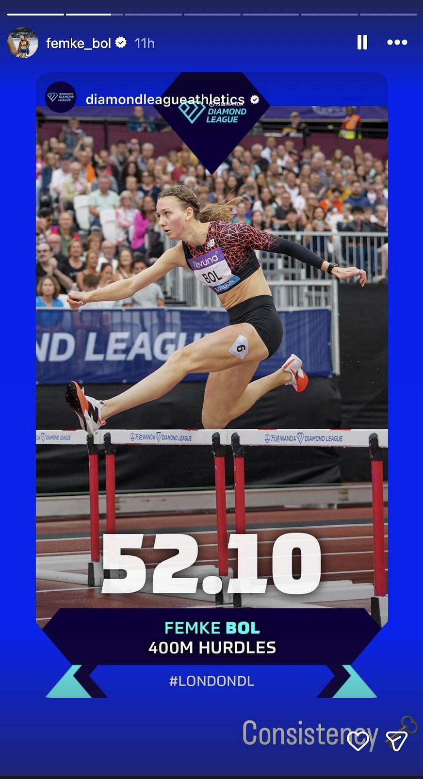 Bol reacts to her performance at the London Diamond League | Instagram@femke_bol