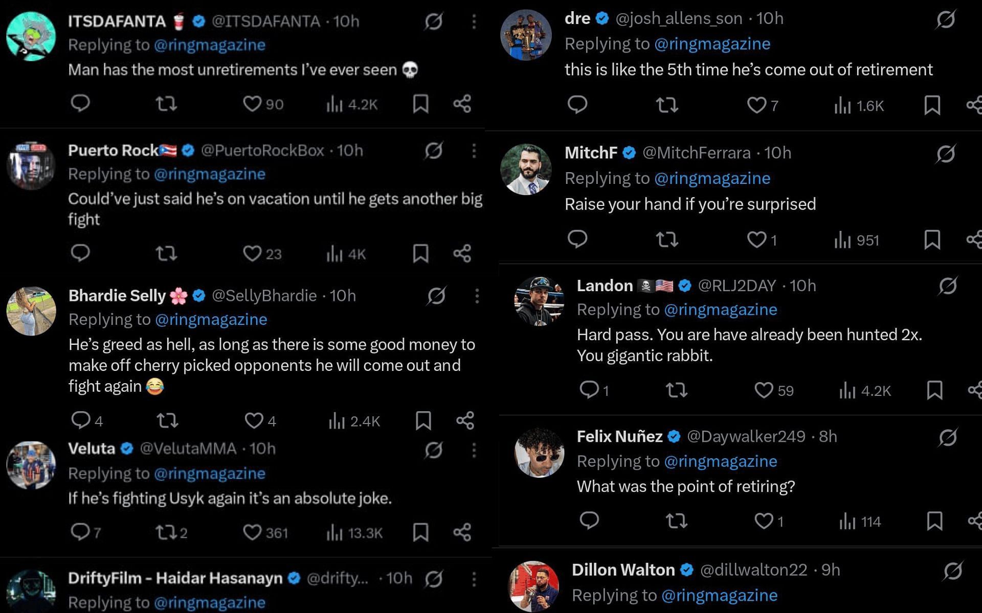 Fans react to Tyson Fury&#039;s potential return. [Screenshots courtesy: @ringmagazine on X]