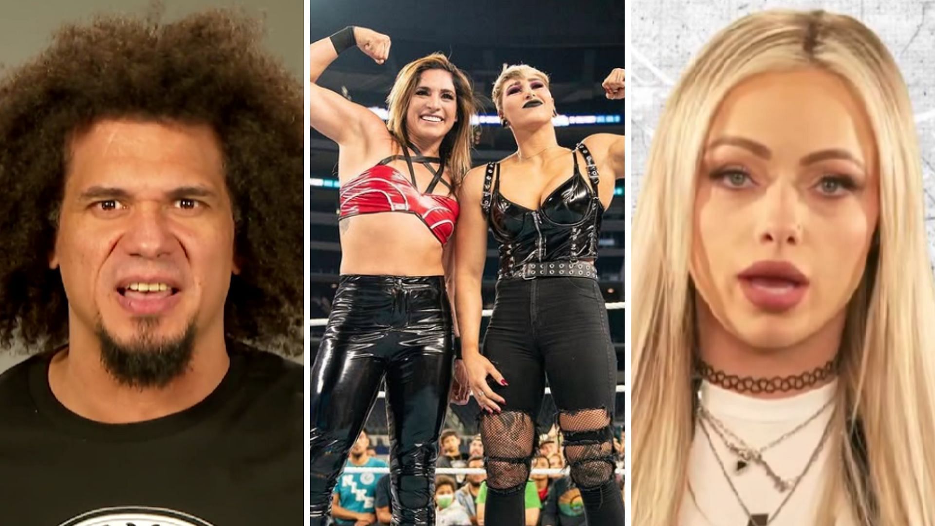 Carlito (left), Rhea Ripley with Raquel Rodriguez (middle), Liv Morgan (right) [Image credits: WWE