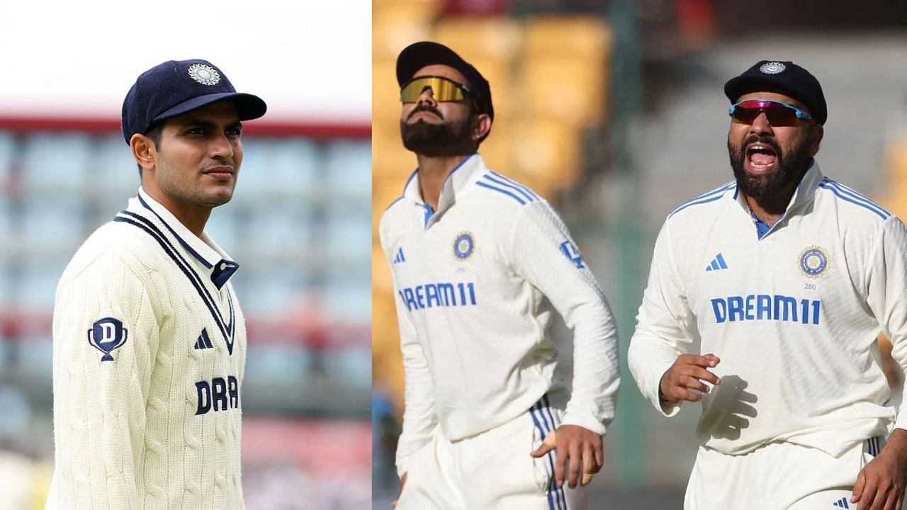 तस्वीर में कप्तान शुभमन गिल के साथ पूर्व टेस्ट खिलाड़ी विराट कोहली और रोहित शर्मा