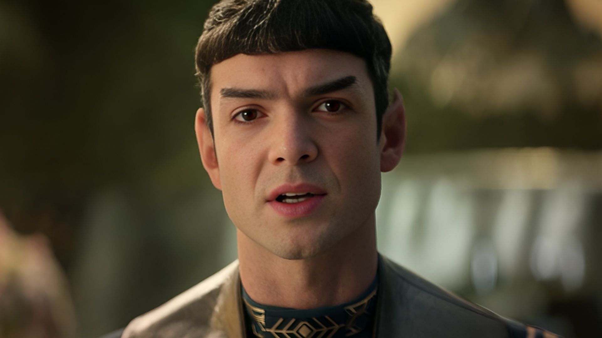 A close-up of Spock speaking seriously with emotion in Star Trek: Strange New Worlds season 3.
