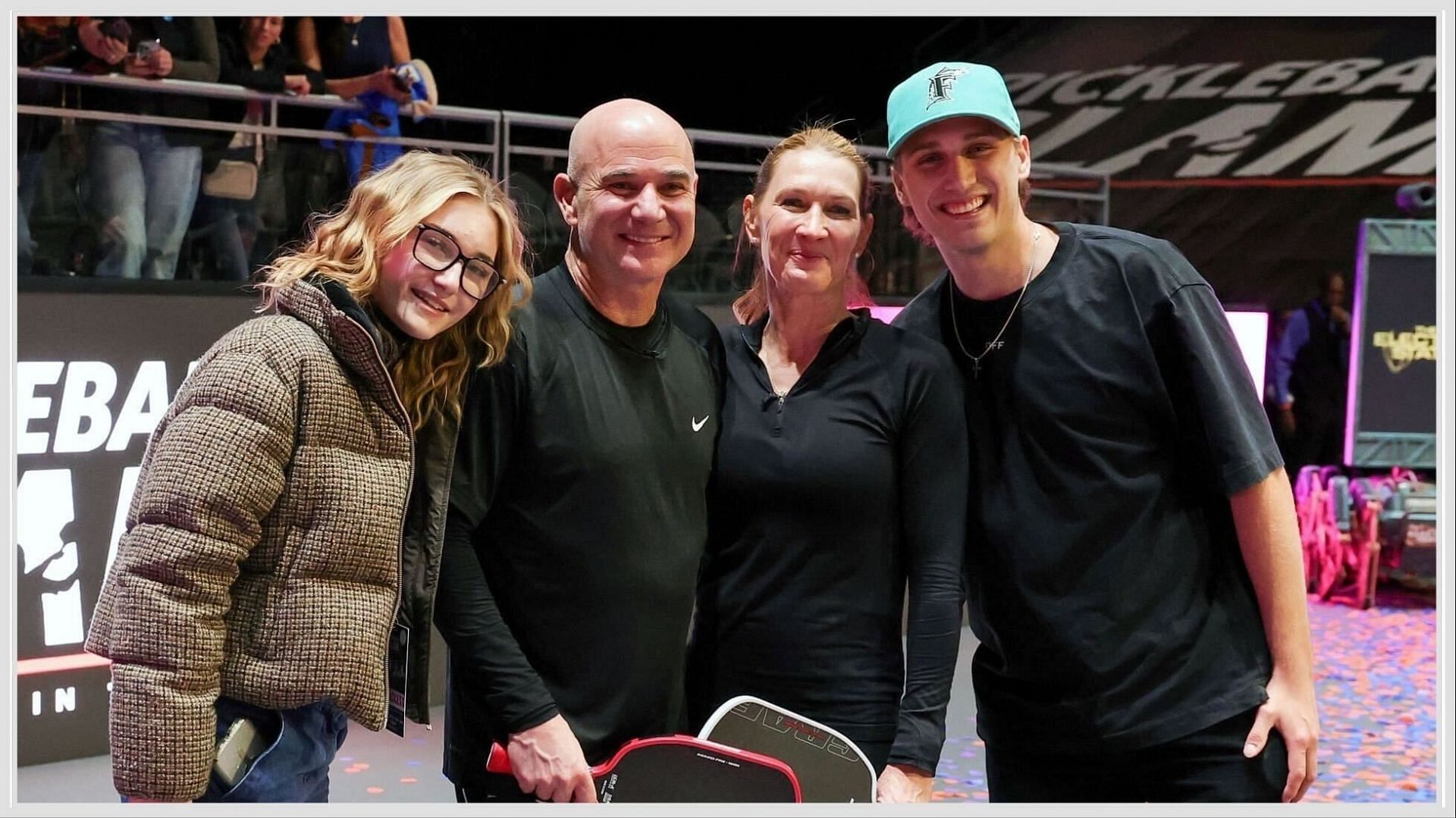 Jaz Agassi (left) Andre Agassi (left center) Steffi Graf (right center) and Jaden Agassi (right). Image: Getty