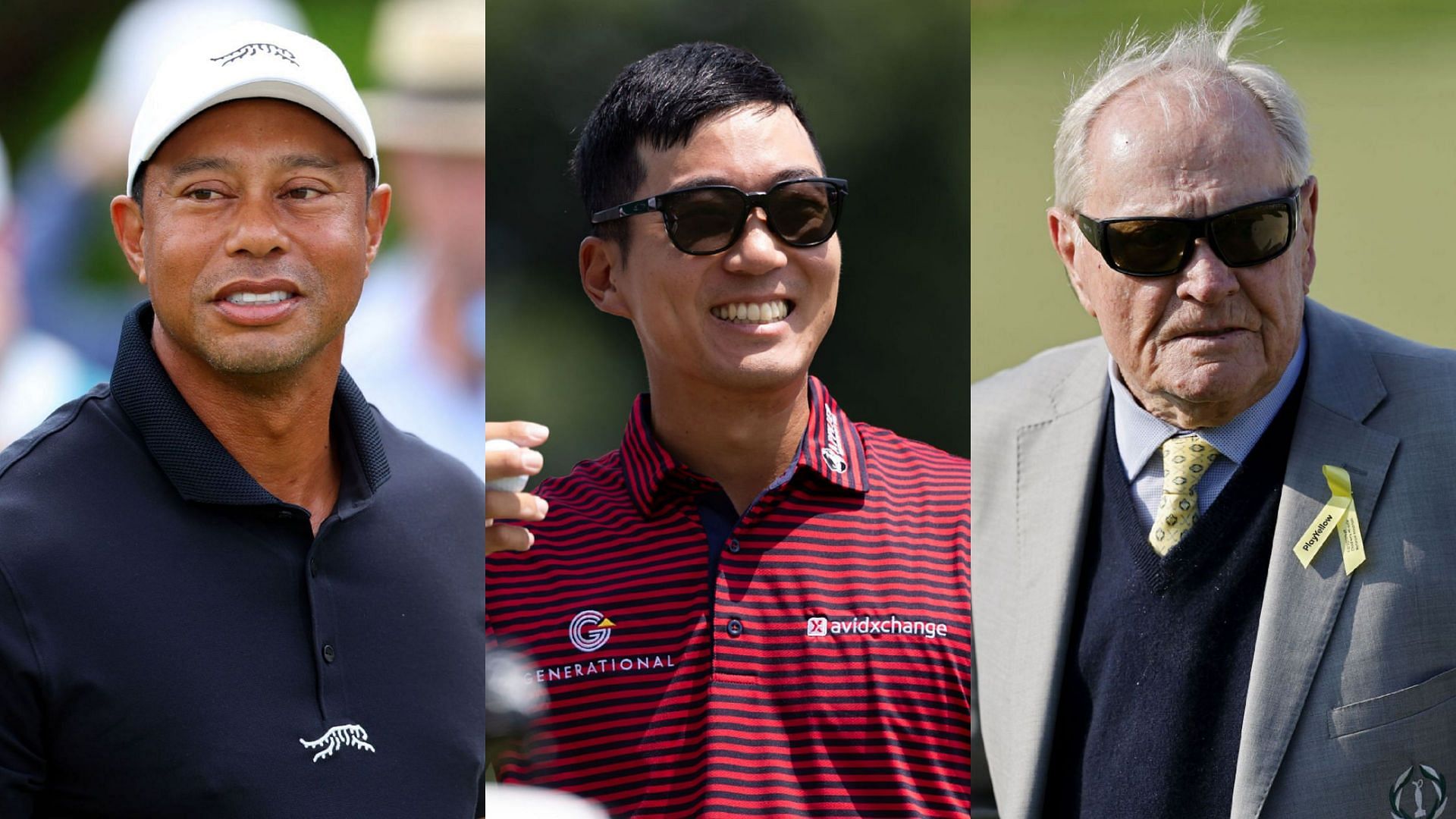 Tiger Woods (left), Michael Kim (middle), Jack Nicklaus (right) / Source: Imagn and Getty