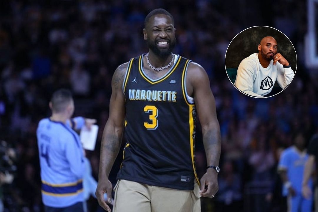 Dwyane Wade smiles on the court while donning a Marquette jersey, Kobe Bryant poses for a portrait inside of his office in Costa Mesa, California,