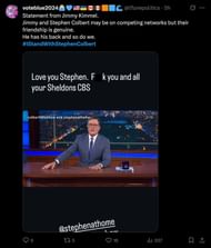 A tweet about Jimmy Kimmel's reaction to Colbert's show cancellation (Image via X/@lflorepolitics)