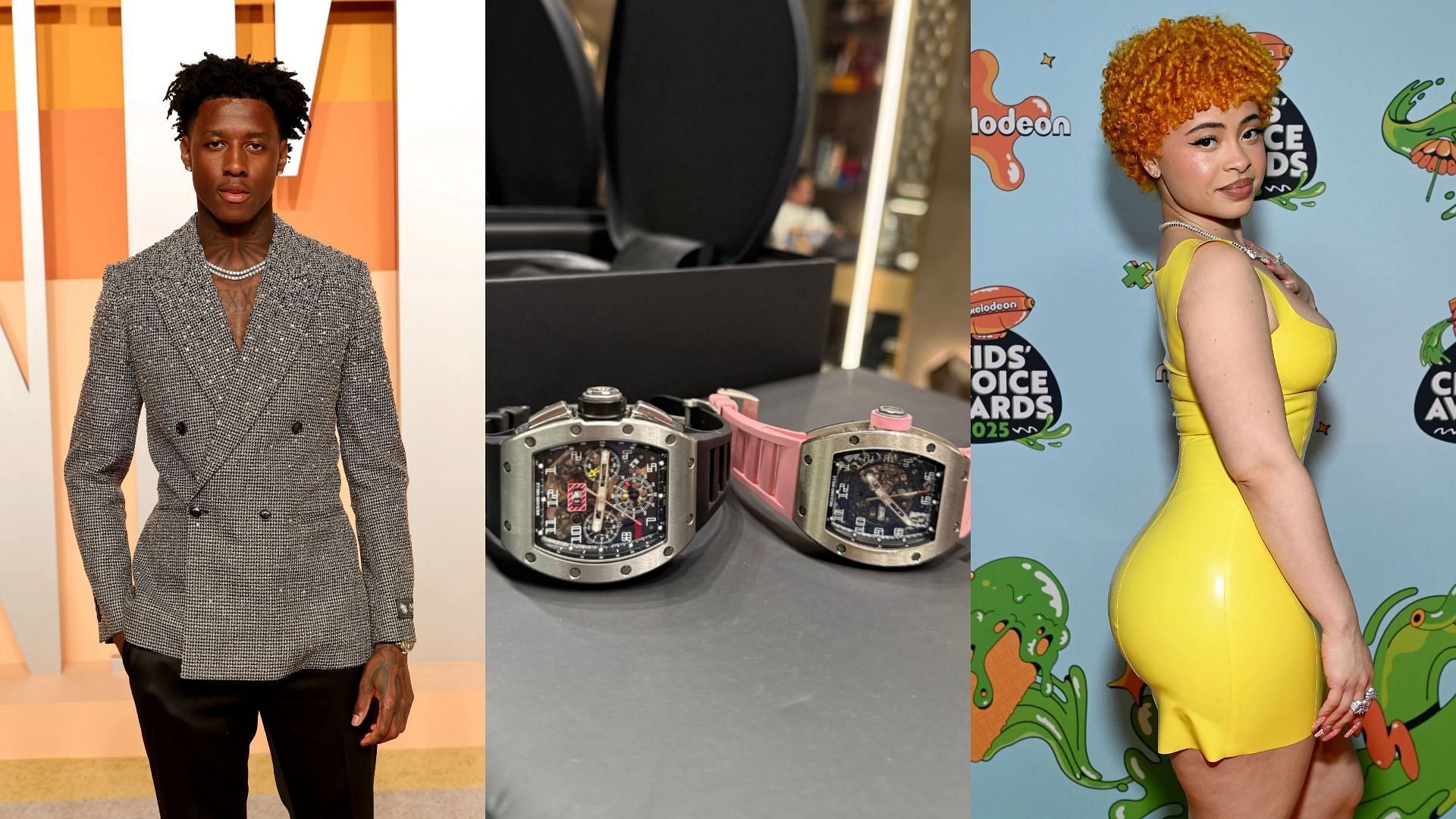 Sauce Gardner, Ice Spice each receive a $100,000 Richard Mille watch - via Getty/CMS (ends) and x.com/@NFL_DovKleiman (nose)