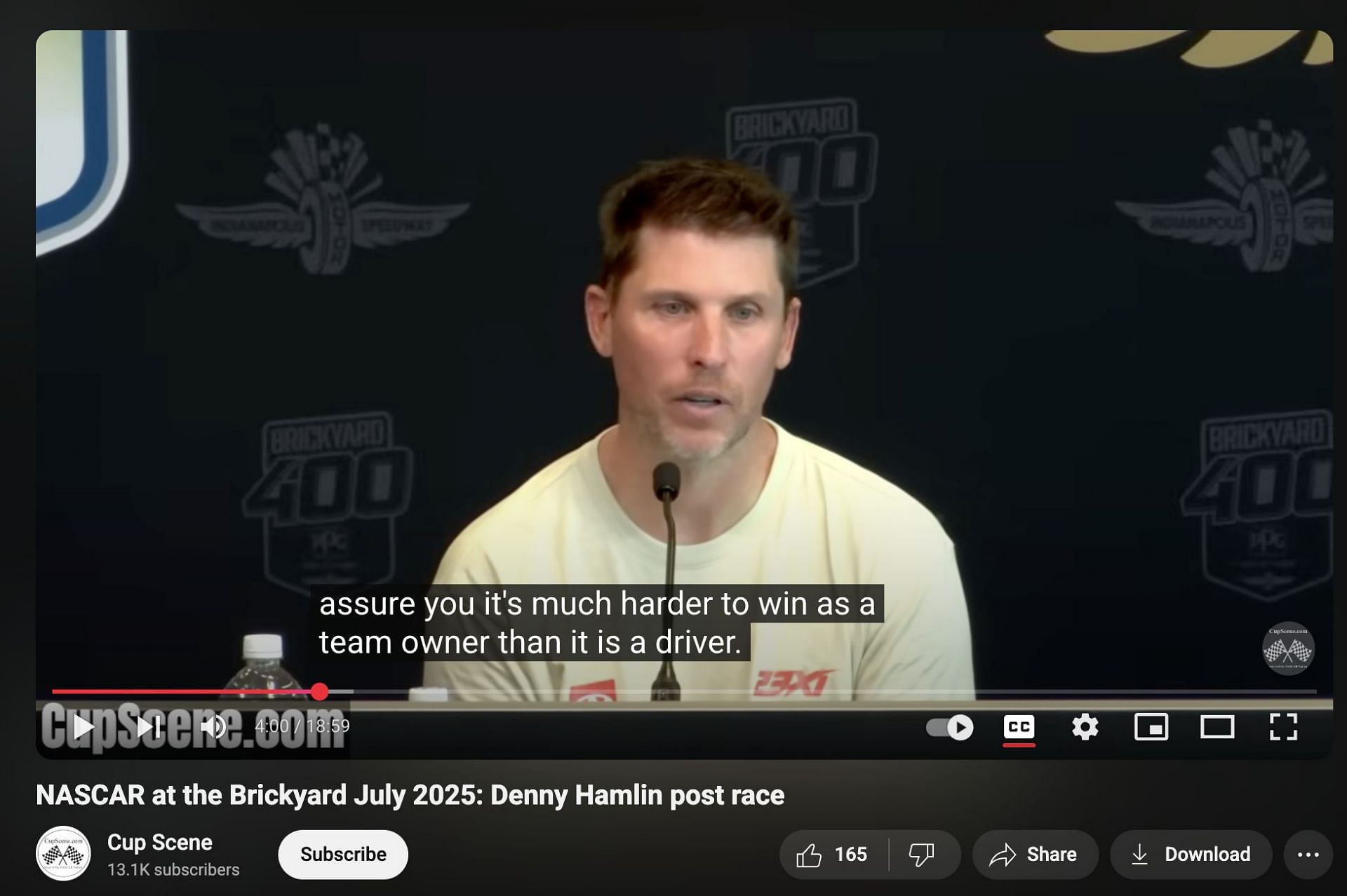 Denny Hamlin post-race interview at Indianapolis Motor Speedway (via YouTube/Cup Scene