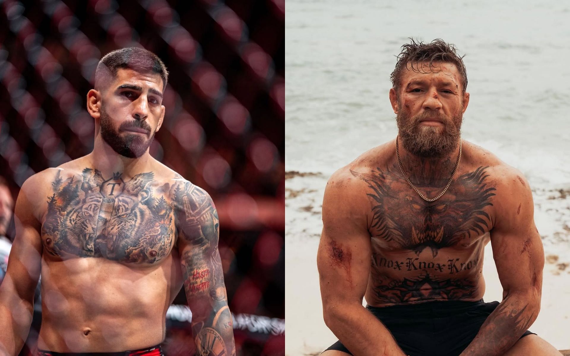 Ilia Topuria (left) talks fighting prime Conor McGregor (right). [Images courtesy: @iliatopuria and @thenotoriousmma on Instagram]