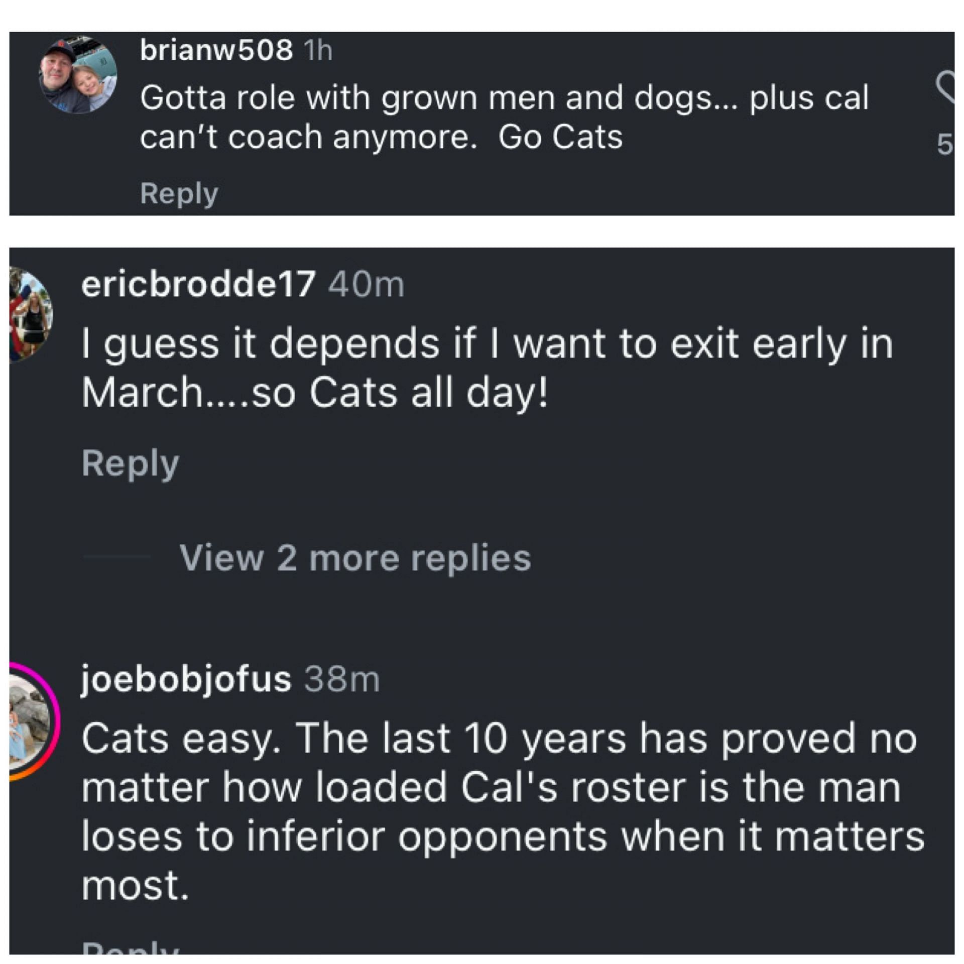 Comments from fans who support Mark Pope&#039;s Kentucky on IG. Image via @fieldof68