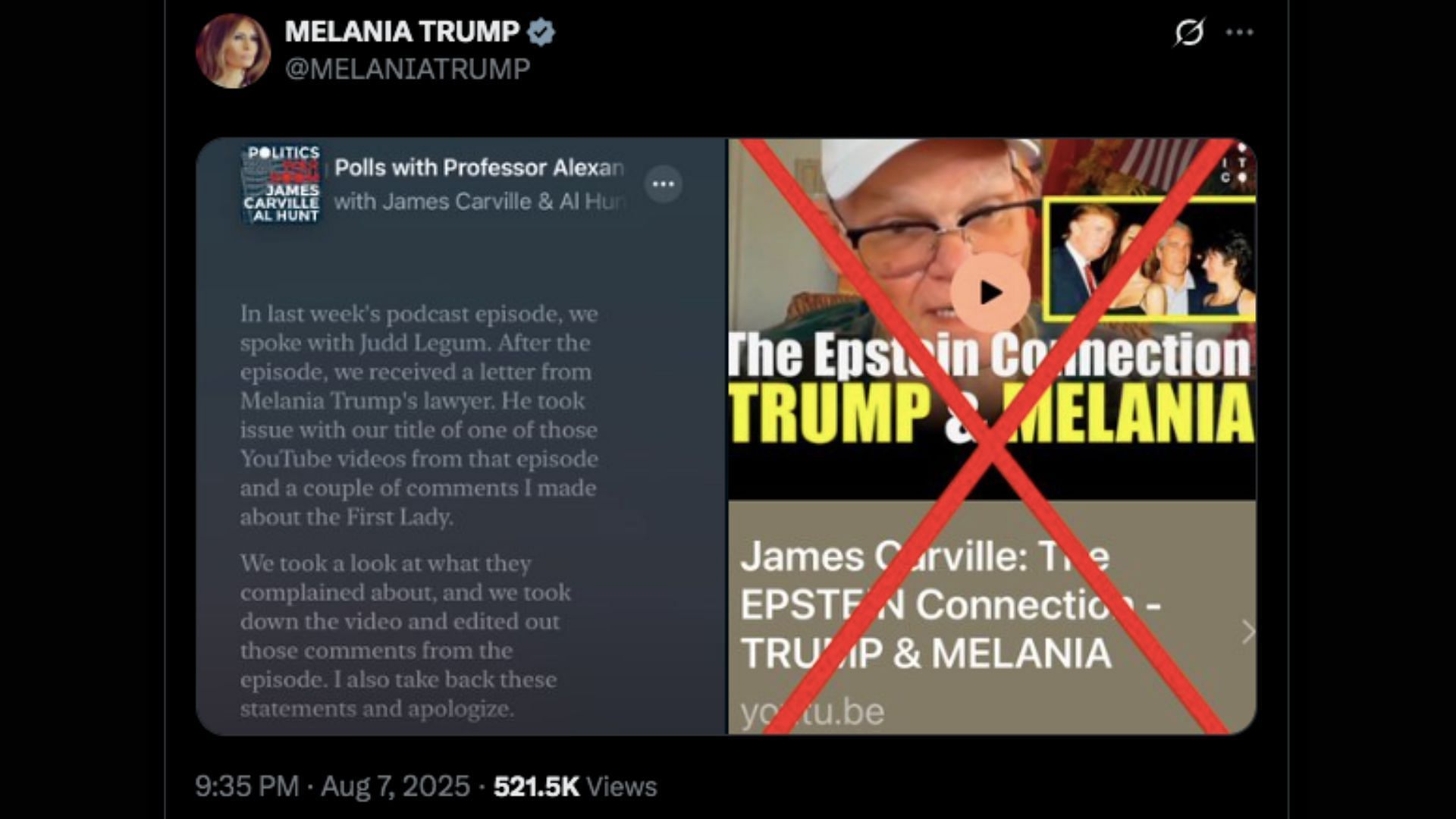 Melania Trump posts screenshots of Carville&rsquo;s apology (Image via X/@MELANIATRUMP)