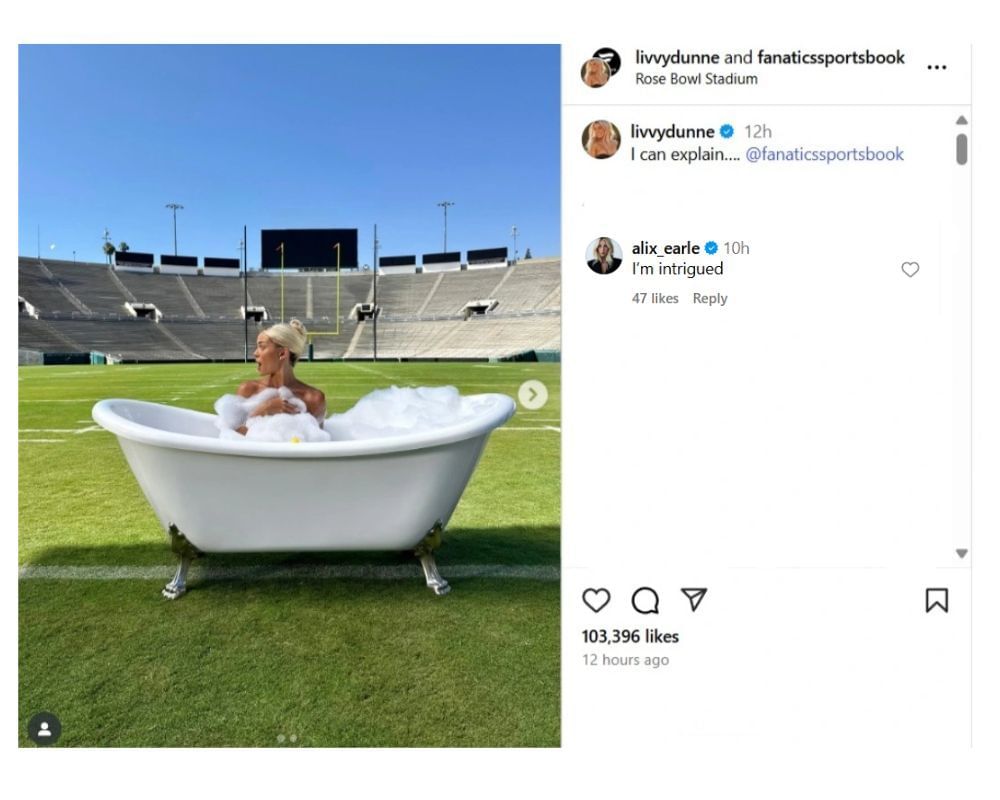 Braxton Berrios&rsquo; GF Alix Earle drops 2-word reaction to Olivia Dunne&rsquo;s bathtub snap from Rose Bowl Stadium [IG.@livvydunne]