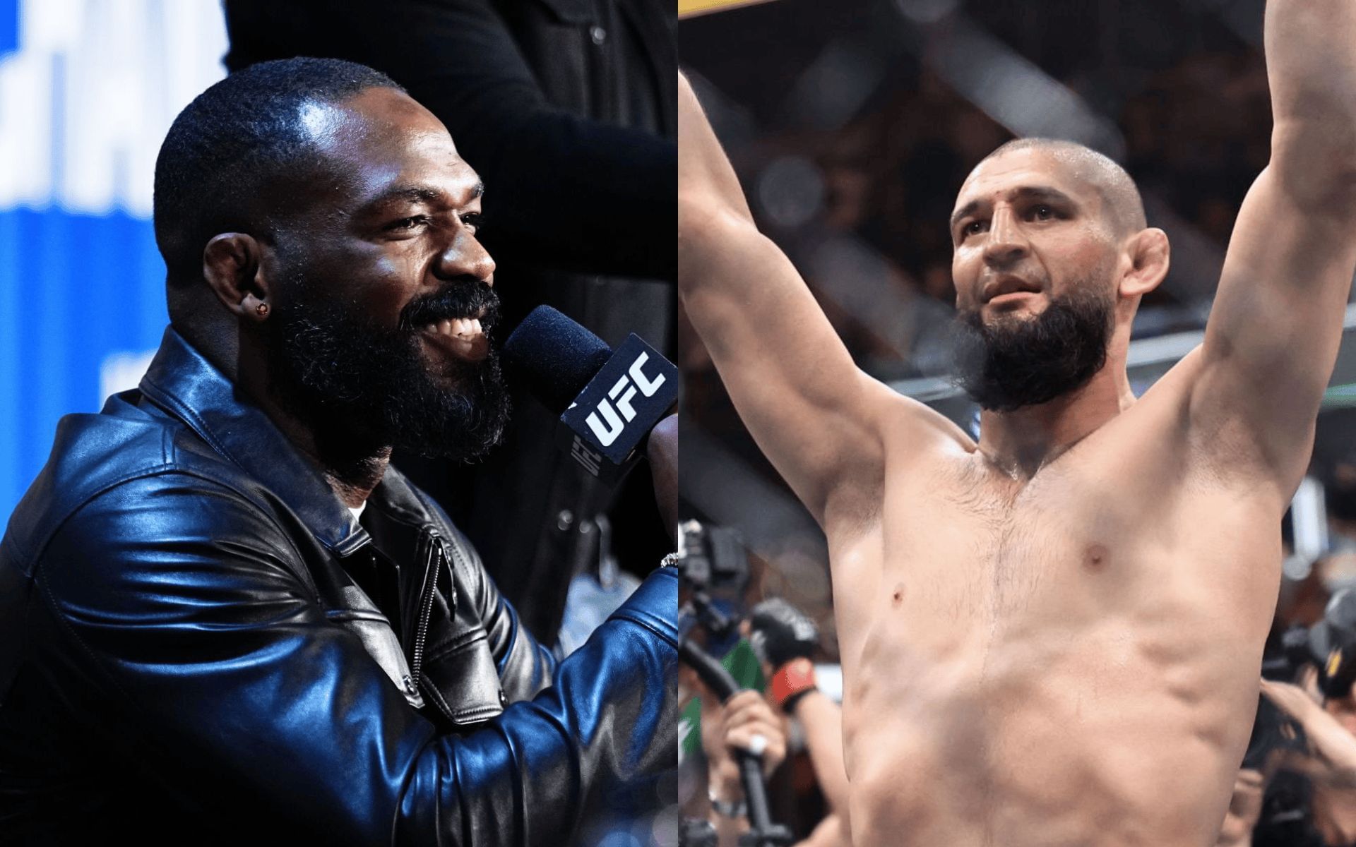 Jon Jones (left) talks about Khamzat Chimaev