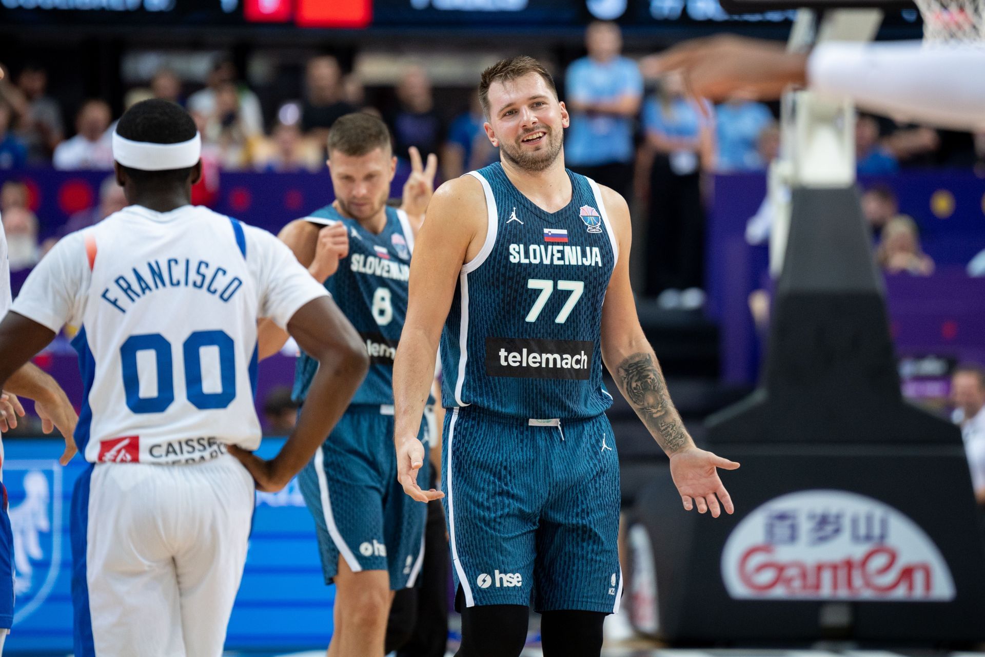 Luka Doncic plays during the FIBA EuroBasket match between France and Slovenia in Katowice, Poland, on August 30, 2025, as part of the European Basketball Championship game, group phase, Group D competition in Spodek Arena. (Photo by Marcin Golba/NurPhoto via Getty Images)
