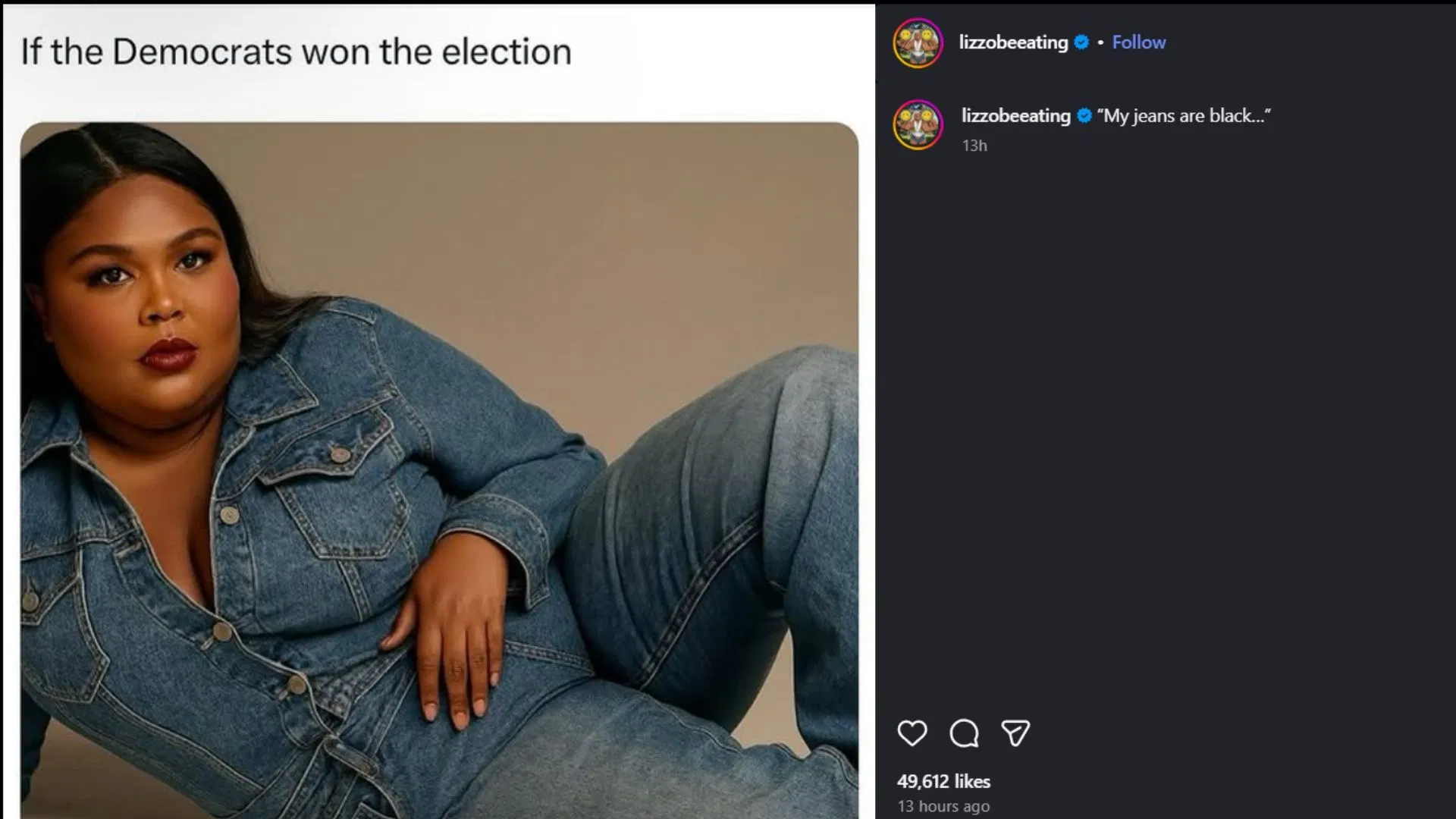 Lizzo's post on Instagram on July 31, 2025 (Image via Instagram/@lizzobeating)