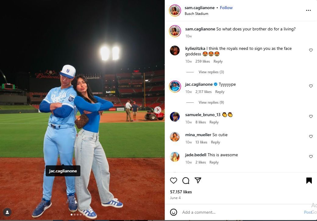 Jac Caglianone&#039;s sister, Samantha, posted on a carousel social media platform, and his brother replied. (Via Instagram)