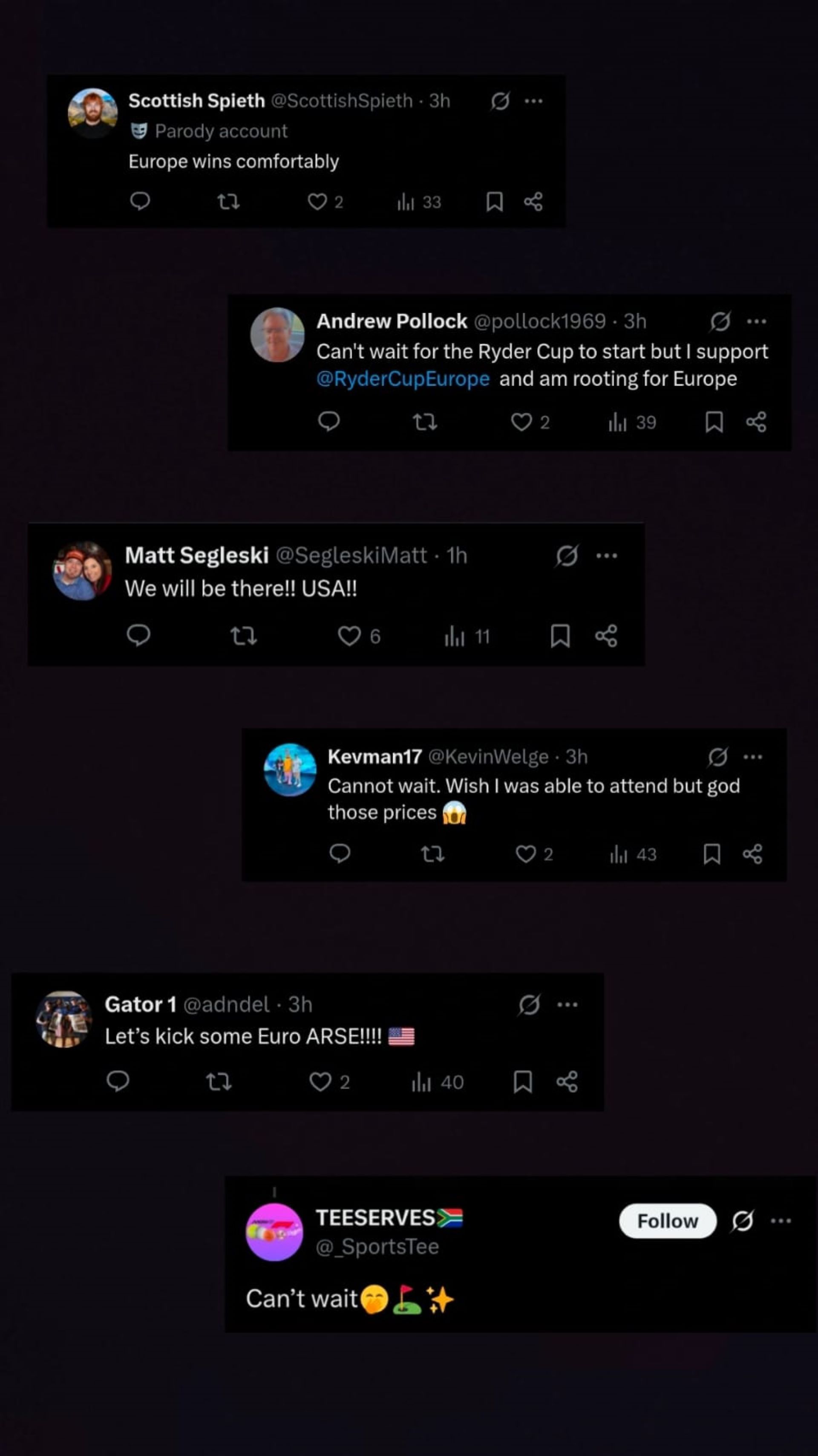 Screenshot of Fan Reactions from Ryder Cup USA post on X (source: X/@Rydercupusa)