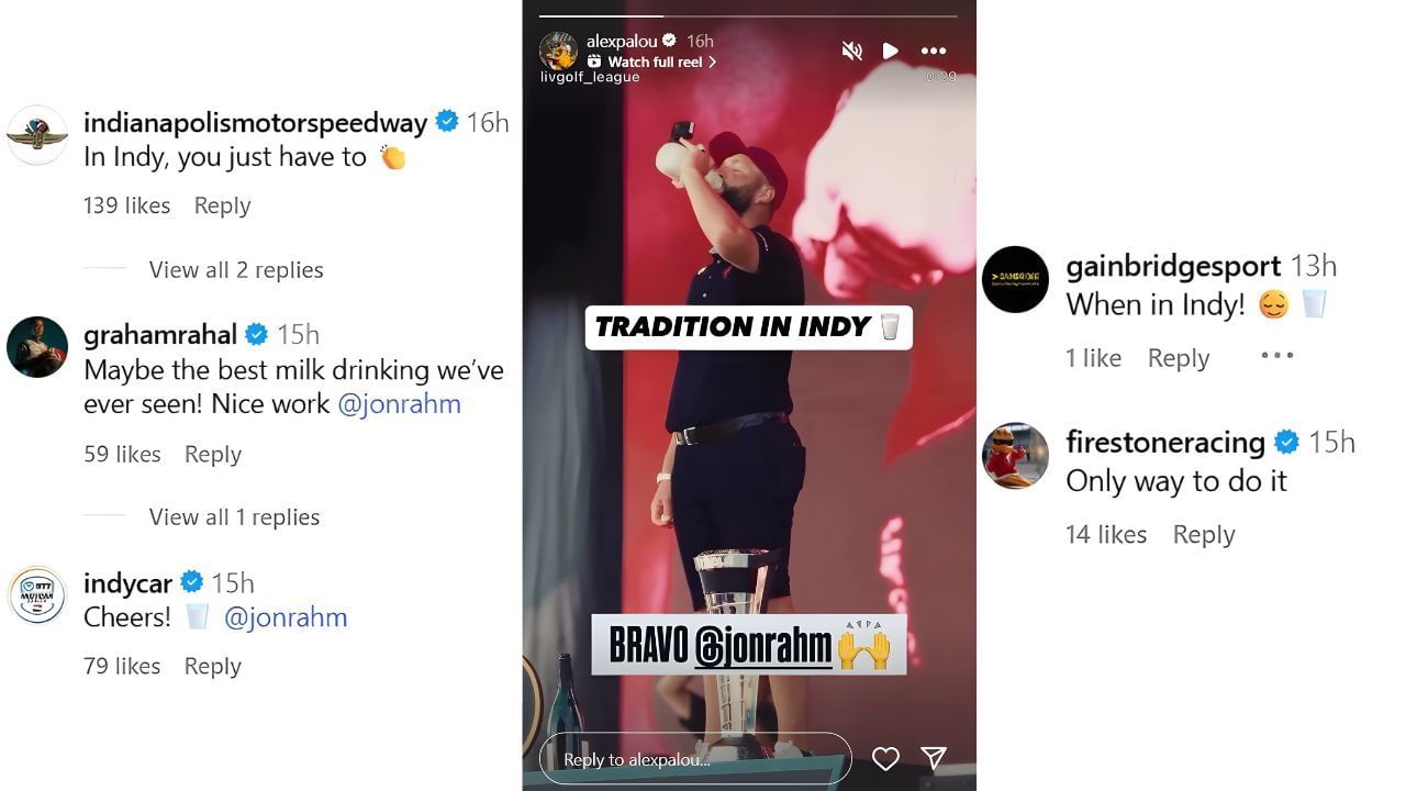 IndyCar drivers and stakeholders react to Jon Rahm&#039;s milk celebration after winning 2025 LIV Golf title in Indianapolis | Image via Instagram (@livgolf_league and @alexpalou)