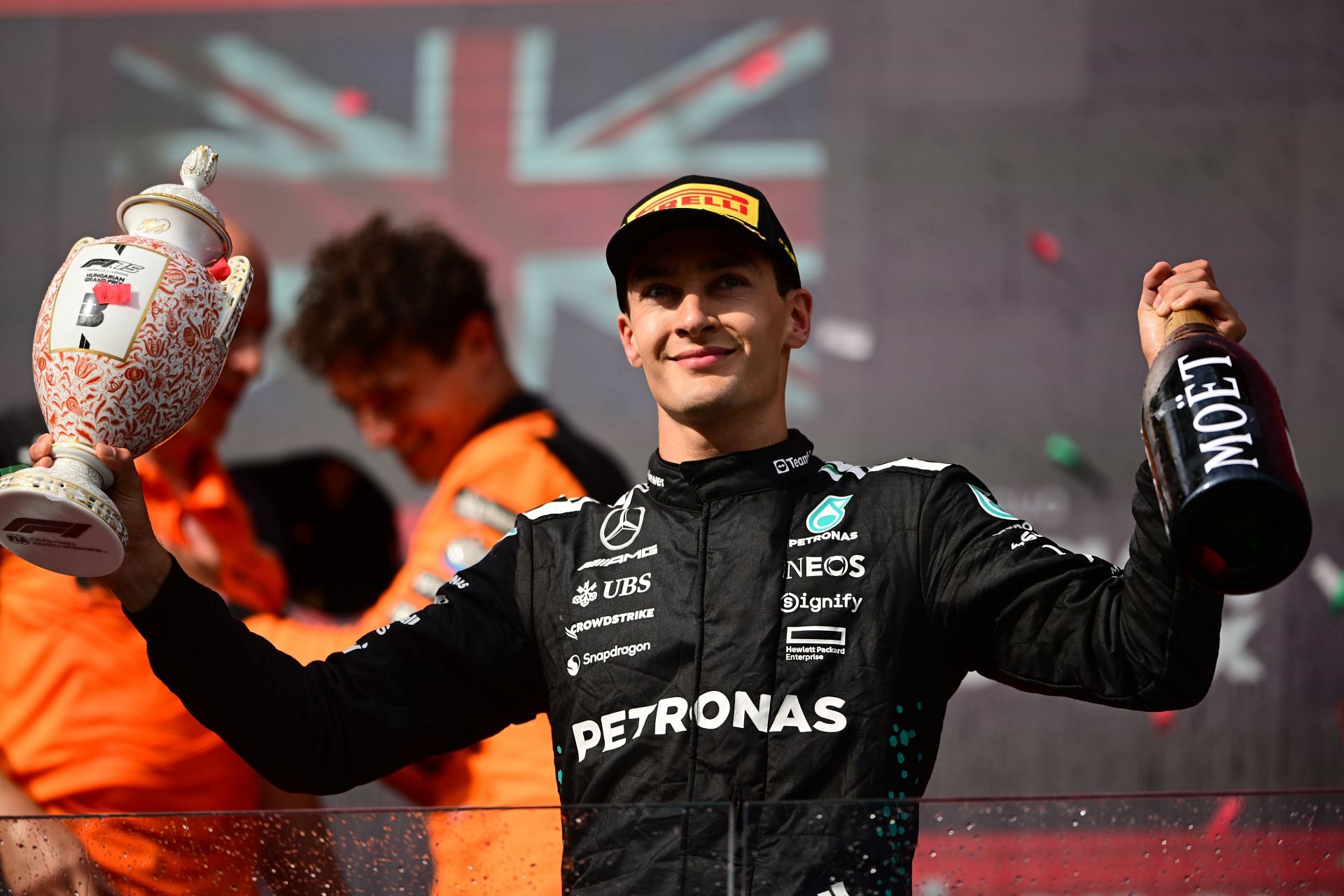 George Russell of Mercedes-AMG Petronas celebrates after the Hungarian GP. Source: Getty