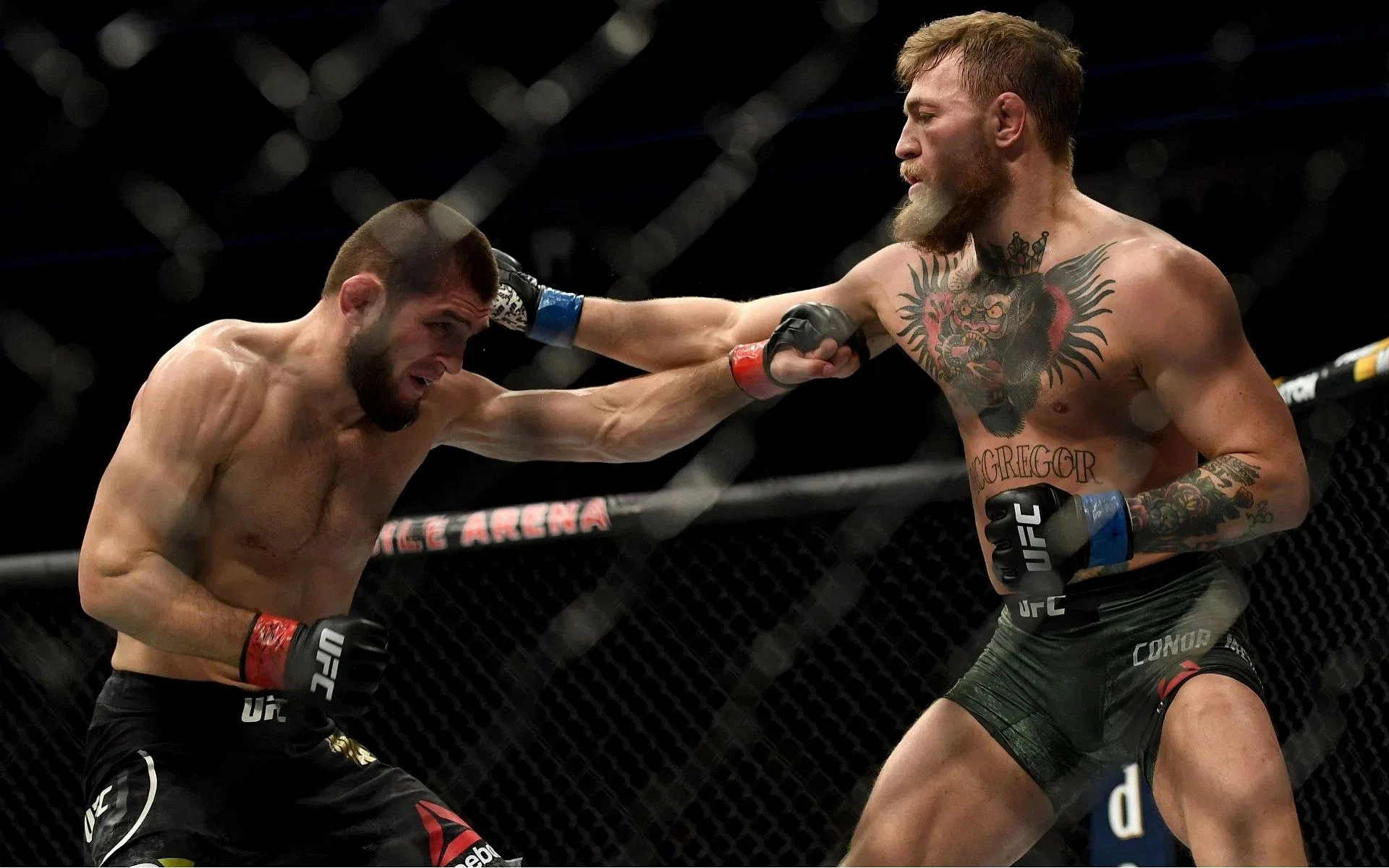 Khabib Nurmagomedov (left) talks about Conor McGregor