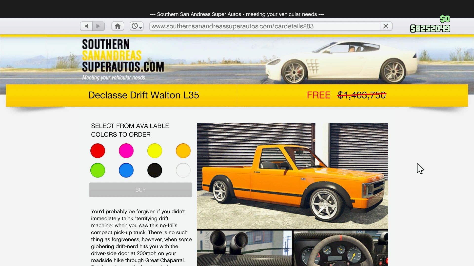 Drift Walton L35&#039;s page on Southern San Andreas Super Autos (Image via Rockstar Games)