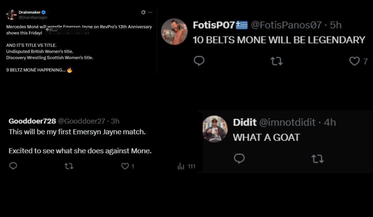 Fans react to Mercedes Mone&#039;s next title match announcement. [Images via Drainmaker&#039;s X]