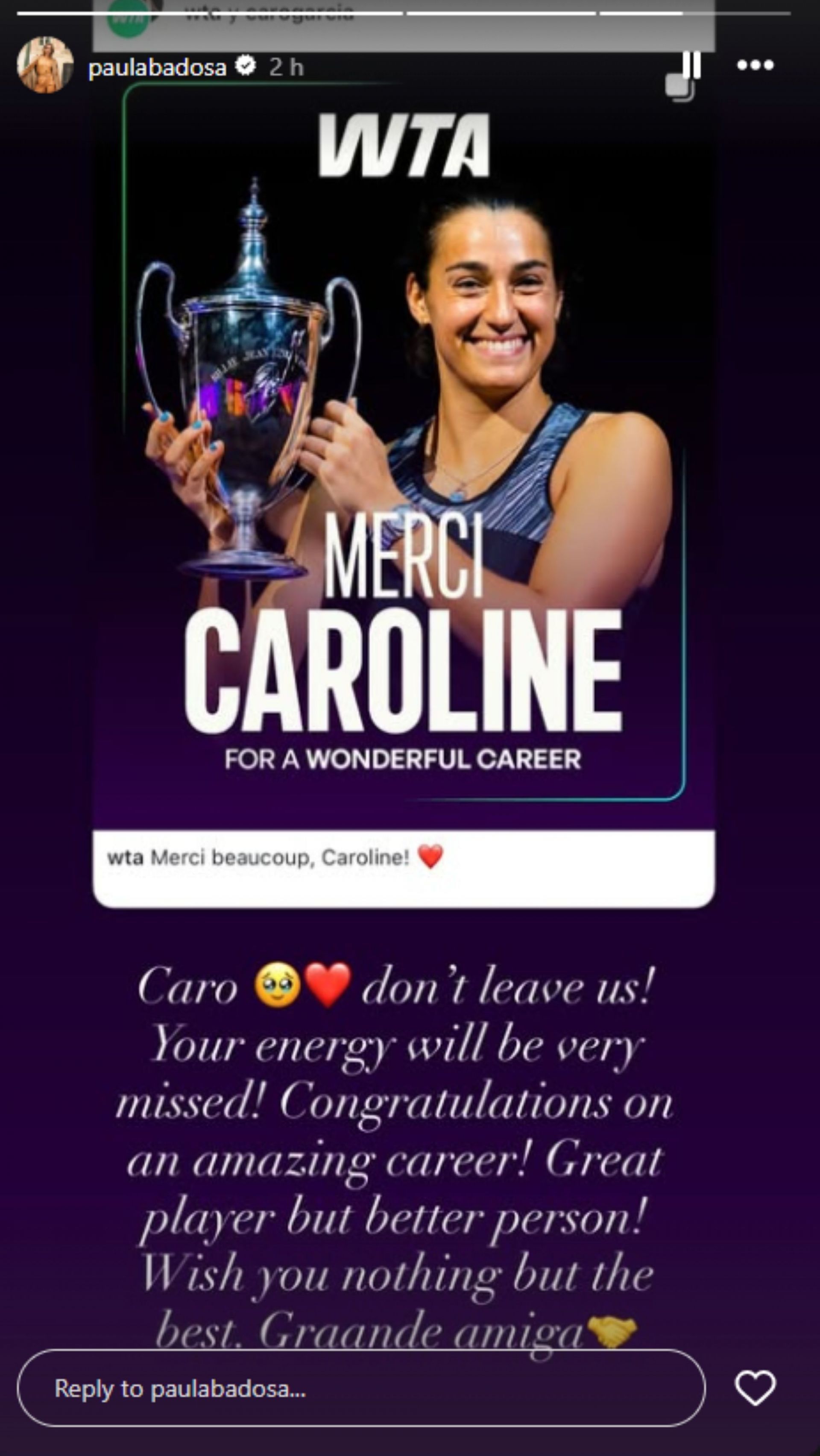Badosa&#039;s message for Garcia: Instagram - @paulabadosa