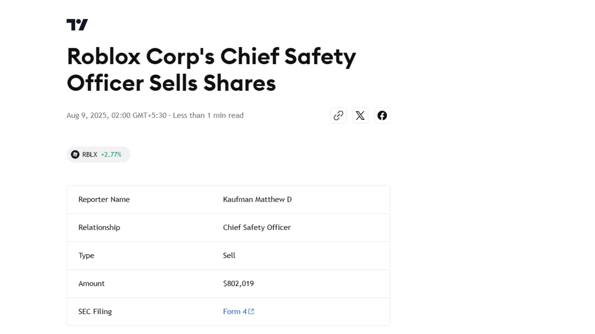 Report on Roblox CSO Kaufman&#039;s stock trade (Image via TradingView)