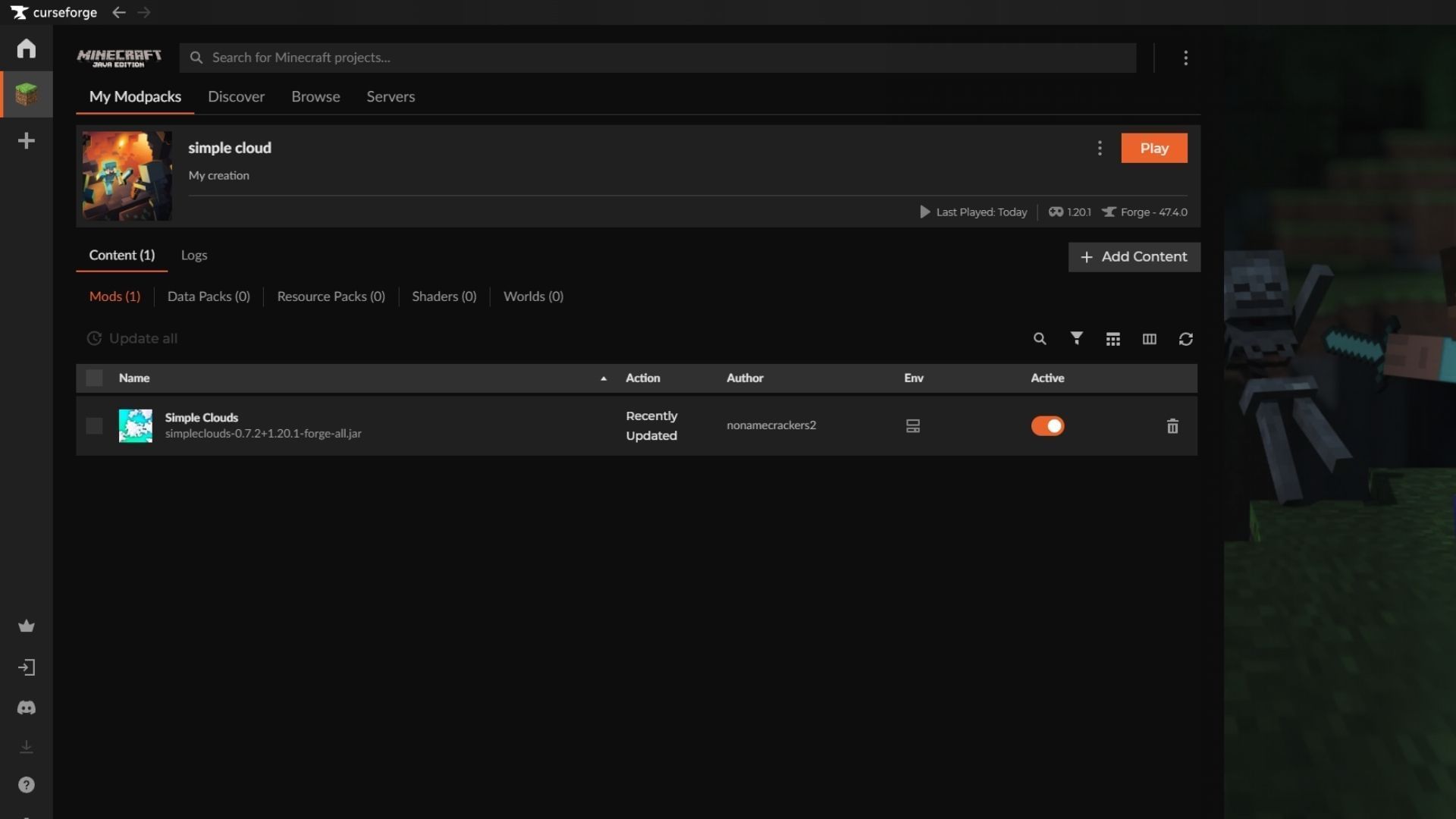 Use the Curseforge launcher to download and install the Minecraft Simple Clouds mod (Image via Sportskeeda Gaming || Mojang Studios/nonamecrackers2)