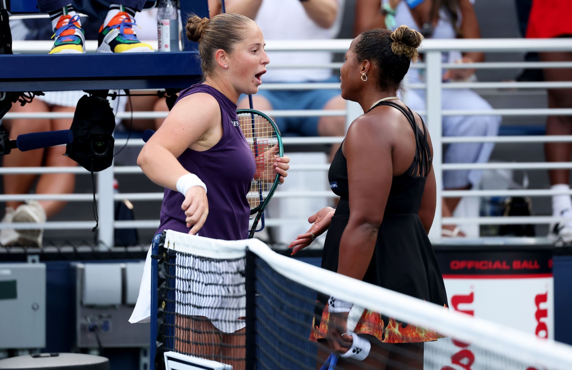 Jelena Ostapenko and Taylor Townsend argue at the US Open 2025 | Image Source: Getty