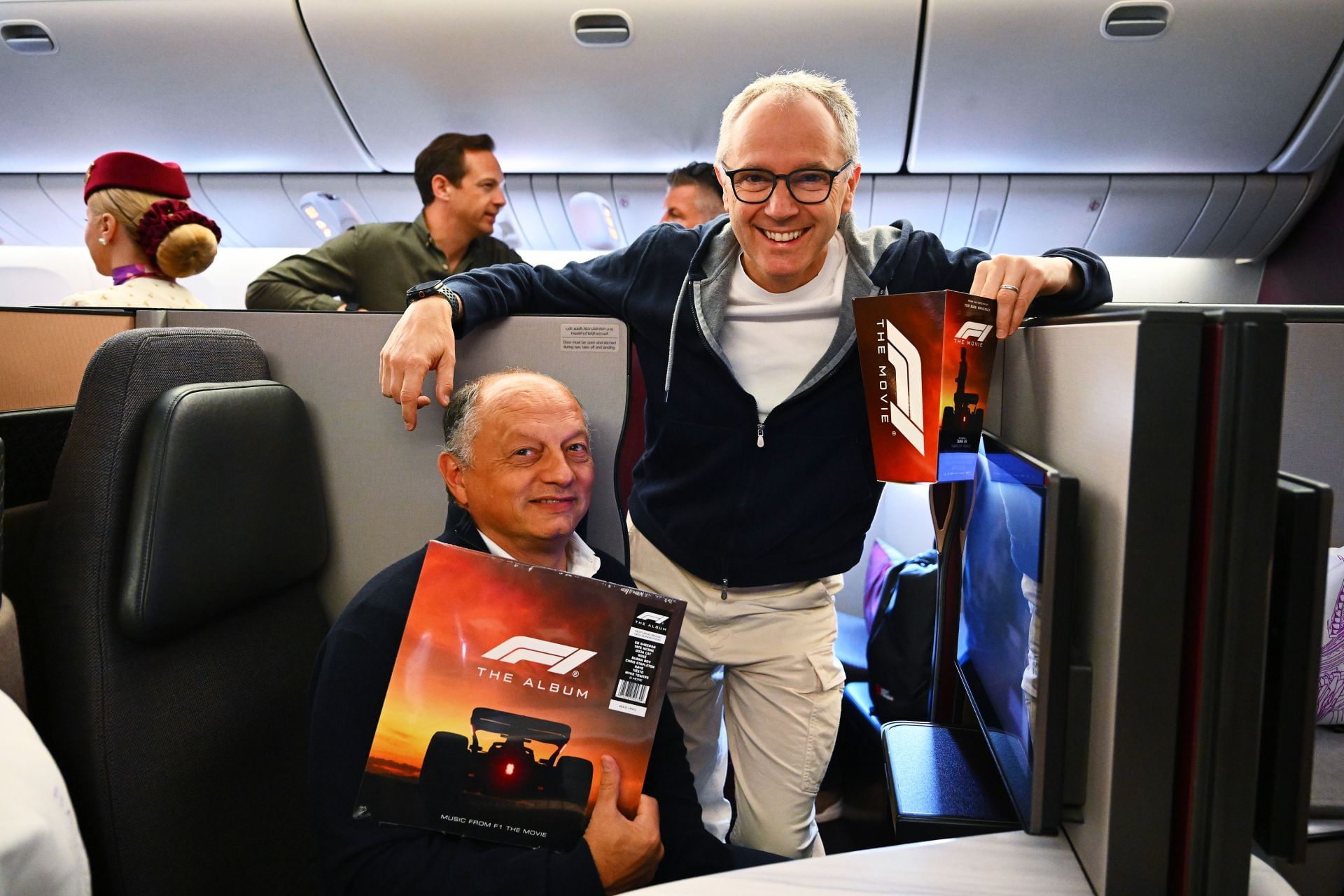Ferrari team principal Fred Vasseur (L) and Stefano Domenicali (R) travelling to New York for F1&reg; The Movie World Premiere - Source: Getty