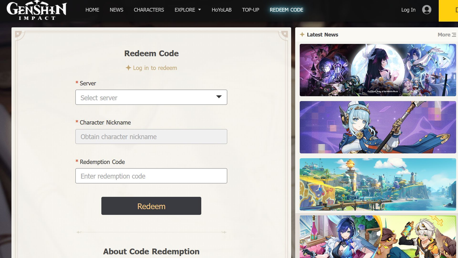 Redeem codes on the HoYoverse website (Image via HoYoverse)