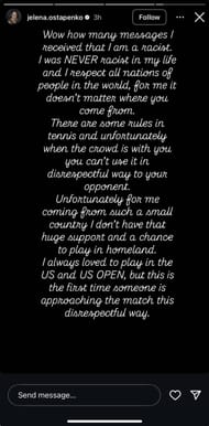 Screenshot of Ostapenko's Instagram story.