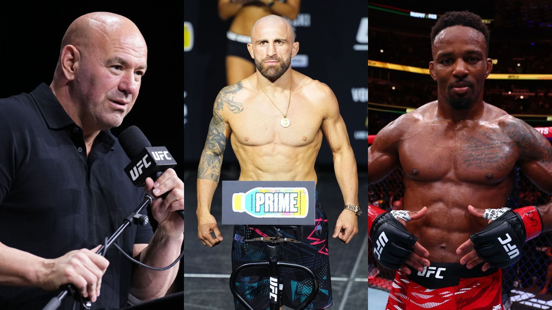 Dana White (left) discusses potential Alexander Volkanovski (middle) vs. Lerone Murphy (right) showdown. [Images courtesy: Getty Images]