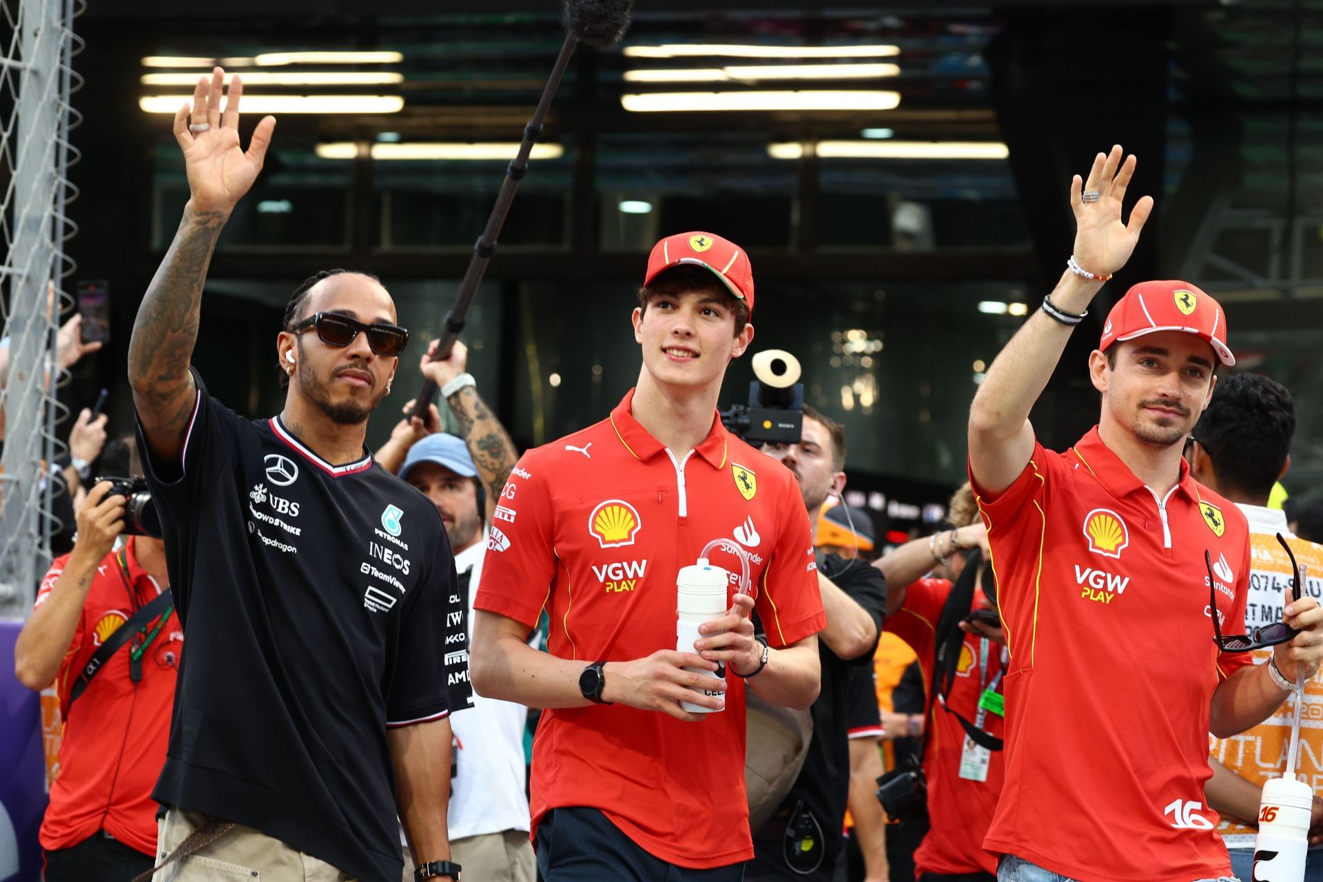 Lewis Hamilton with Ollie Bearman and Charles Leclerc at the 2024 Saudi Arabian GP - Source: Getty