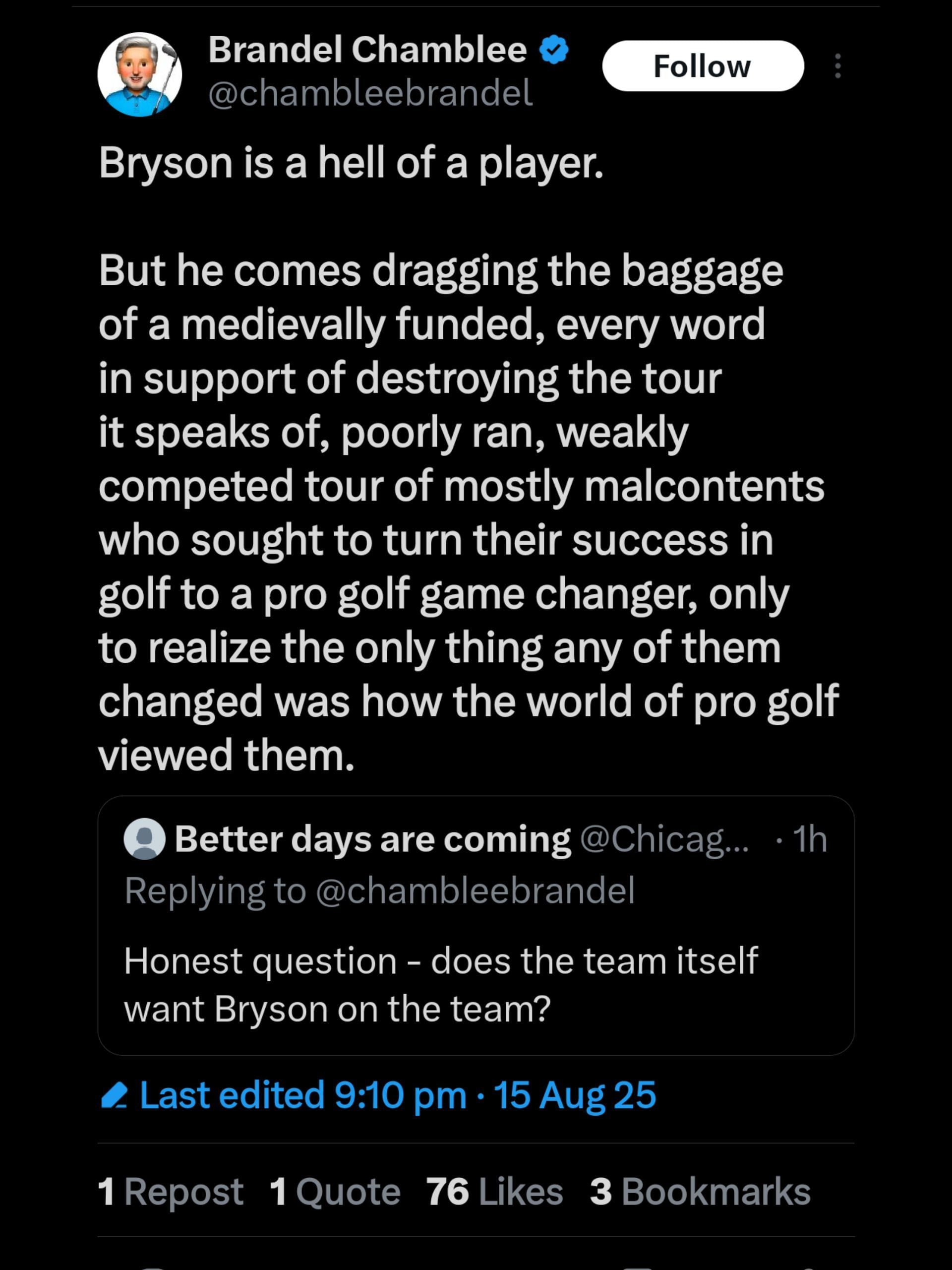 Screenshot from Chamblee&#039;s post on DeChambeau on X / @Chambleebrandel on X