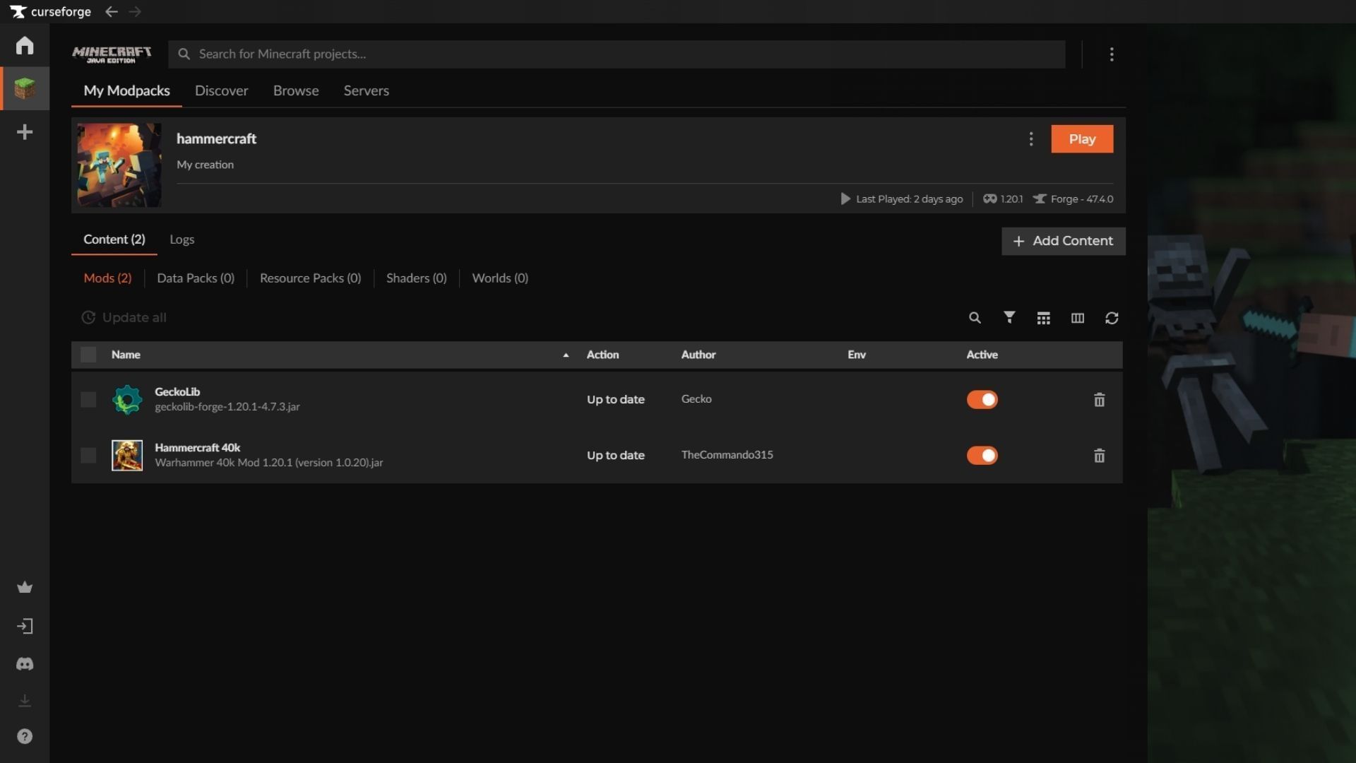 Use the Curseforge loader to download and install the Minecraft Hammercraft 40k mod (Image via Sportskeeda Gaming || Mojang Studios/TheCommando315)