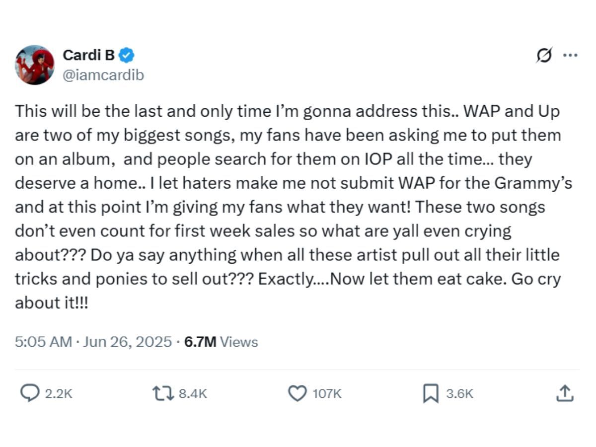 Cardi&#039;s tweet addressing WAP and UP on her sophomore album (Image via X/ @iamcardib)