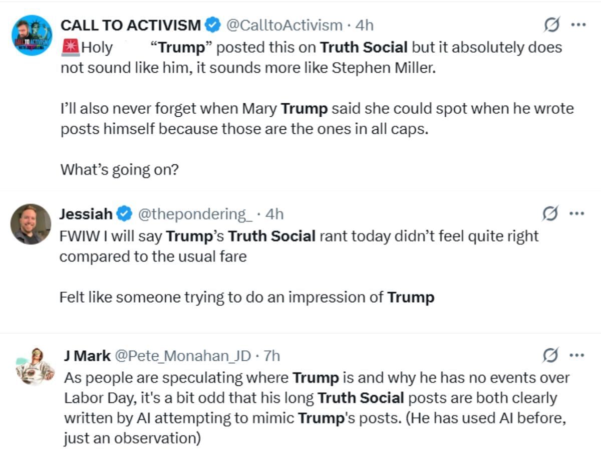 Netizens speculating the POTUS&#039; Truth Social posts (Image via X)