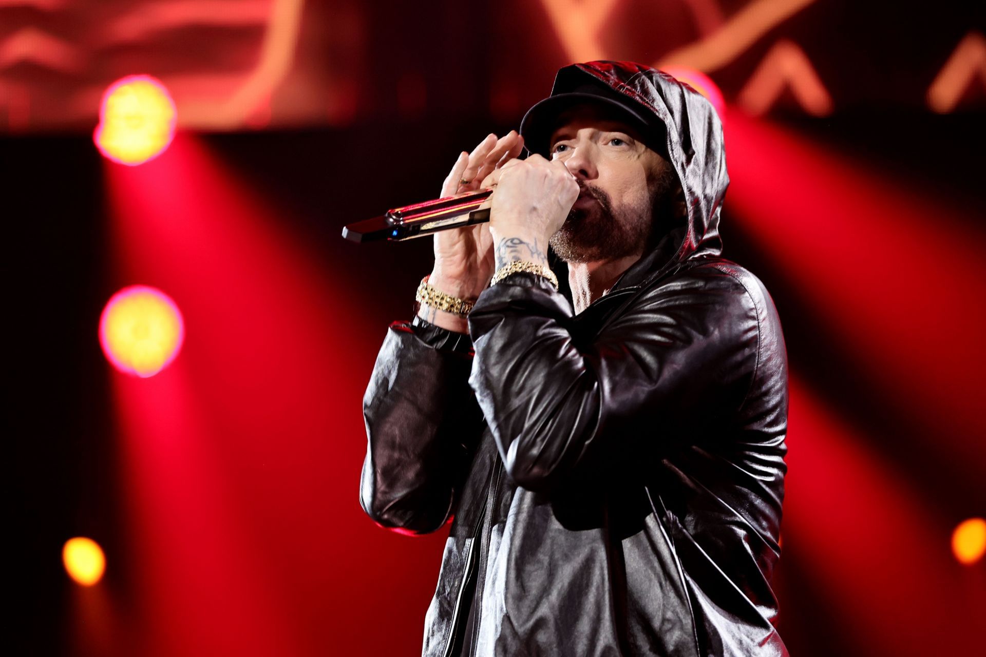 Eminem performs onstage during the 37th Annual Rock &amp; Roll Hall of Fame Induction Ceremony (Photo by Theo Wargo/Getty Images for The Rock and Roll Hall of Fame)