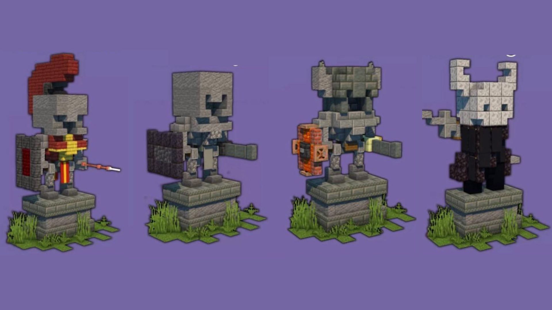 A Minecraft player shows different statues with a simple base (Image via Reddit/Sun_Fai/Mojang Studios)