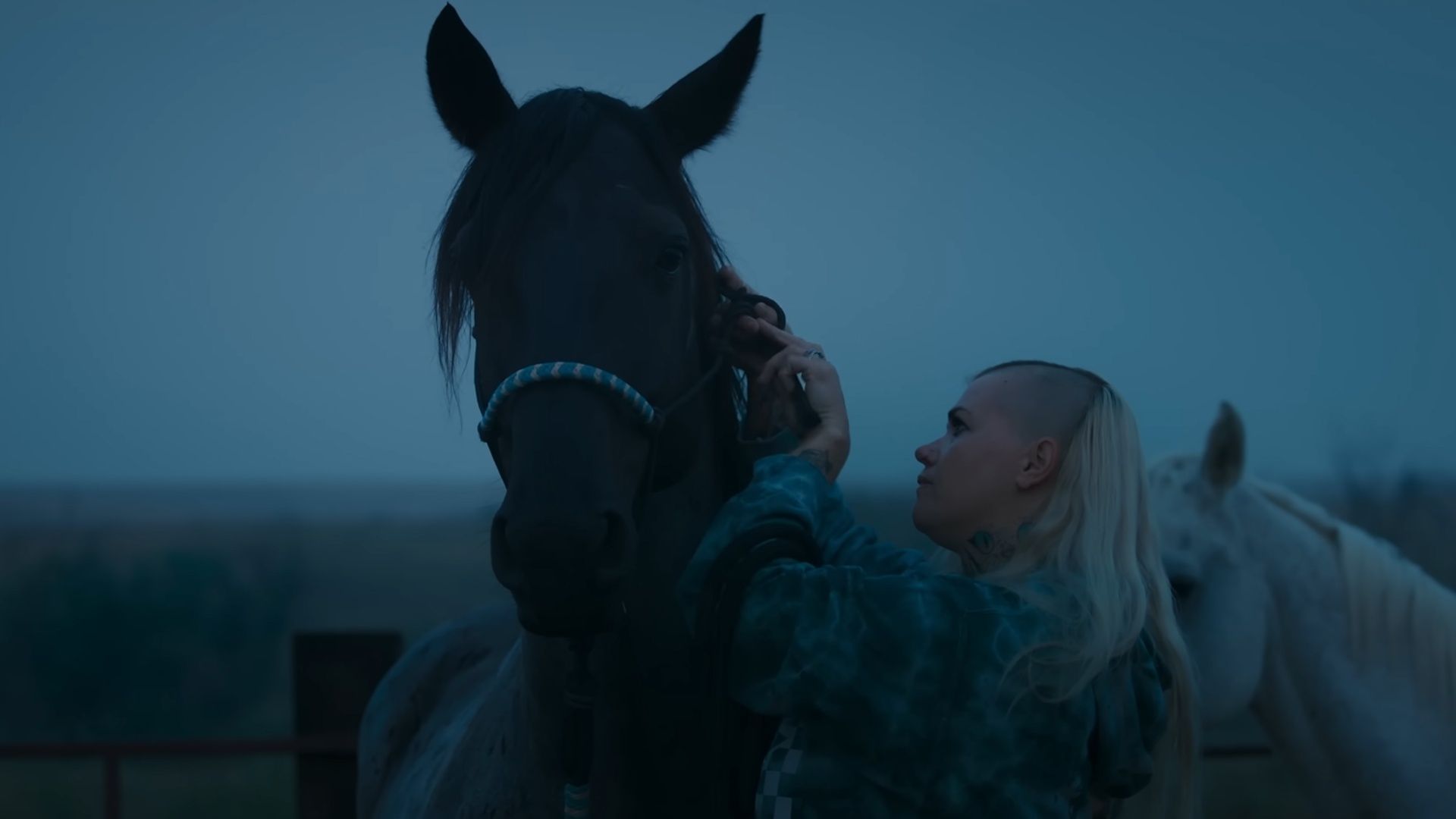 Tabatha Zimiga working with a horse in a quiet scene from East of Wall, showing the film&rsquo;s connection to ranch life (Image via Sony Pictures)