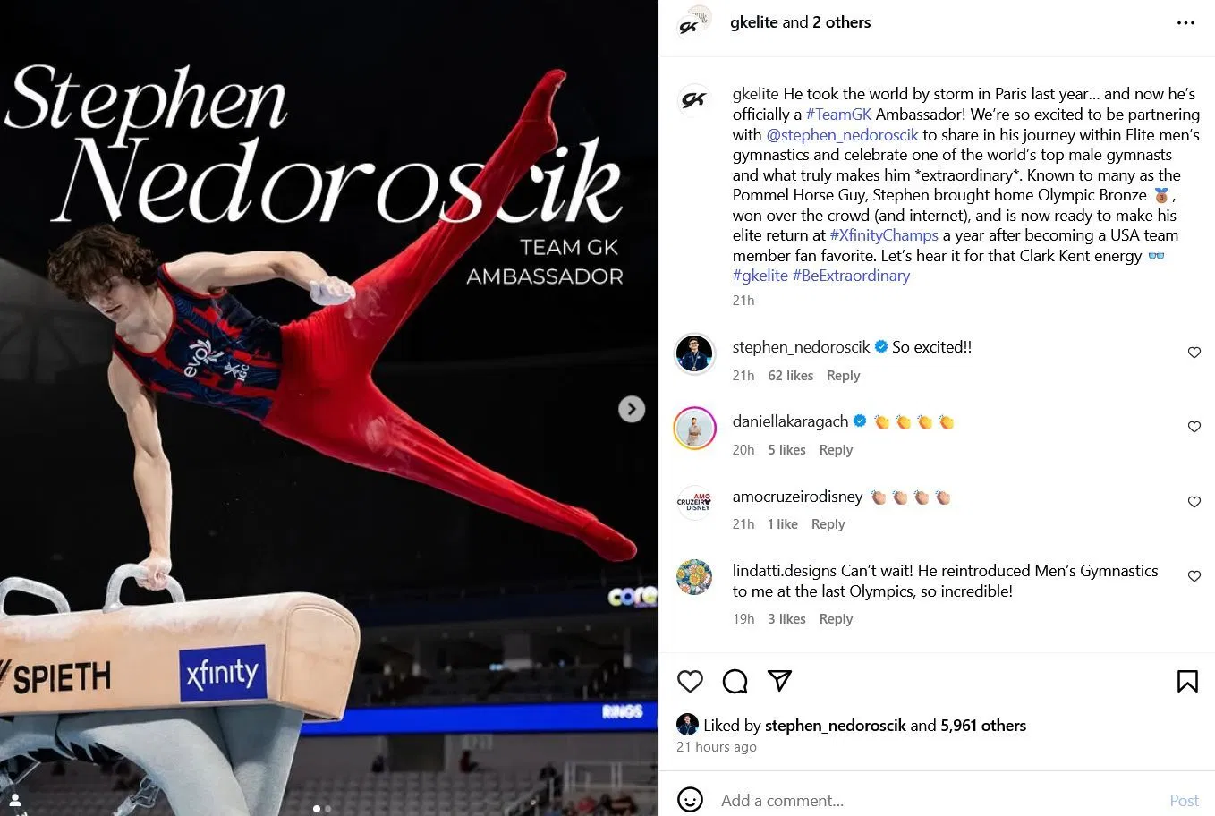 Screenshot of Stephen Nedoroscik and Daniella Karagach&#039;s comments. Credits - Instagram/gkelite