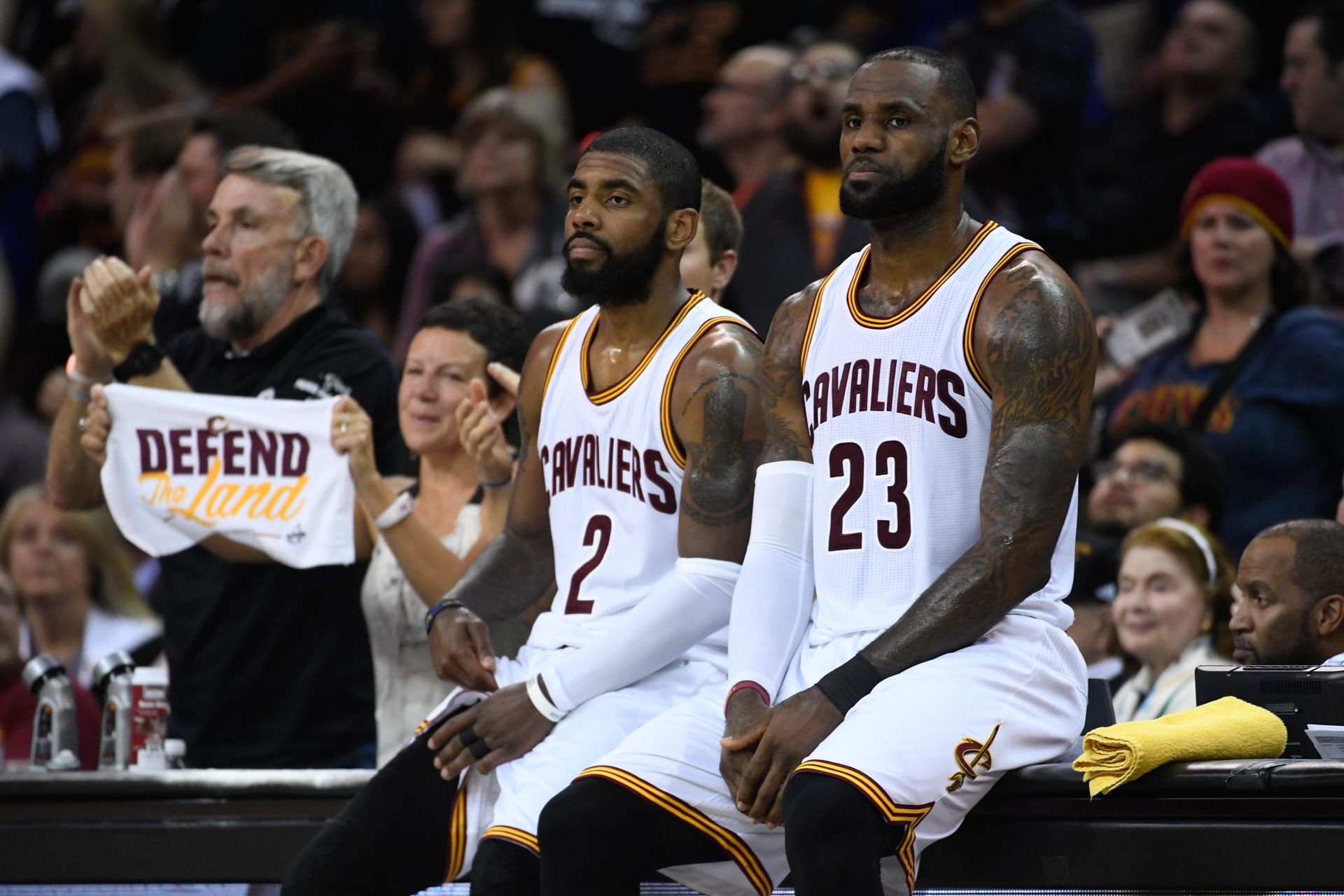 Cleveland Cavaliers guard Kyrie Irving (2) and forward LeBron James (23) during the second quarter in game four of the 2017 NBA Finals against the Golden State Warriors at Quicken Loans Arena. Mandatory Credit: Kyle Terada-Imagn Images - Source: Imagn