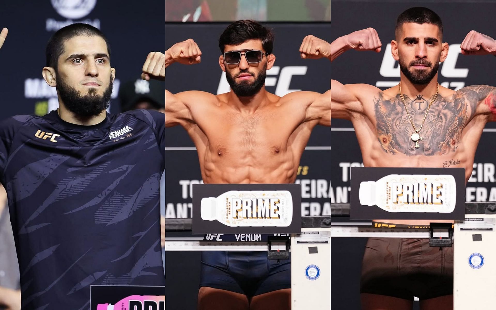 Arman Tsarukyan (center) uses Islam Makhachev