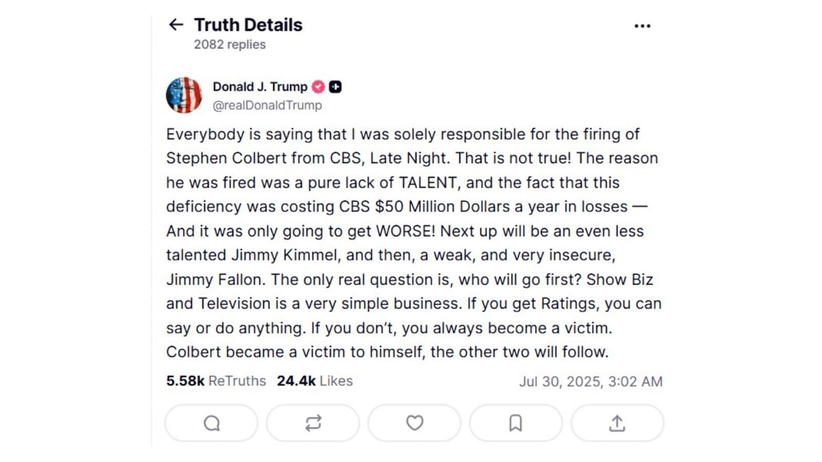 President Trump addresses rumors speculating he was the reason behind The Late Show&#039;s cancellation (Image via Truth Social/@realDonaldTrump)