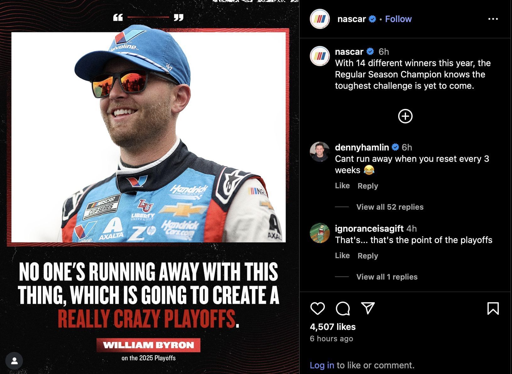 Denny Hamlin&#039;s comment under NASCAR&#039;s post on Instagram