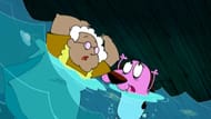 Courage with Muriel in a flooded scene from the series. (Image via YouTube/Courage the Cowardly Dog)