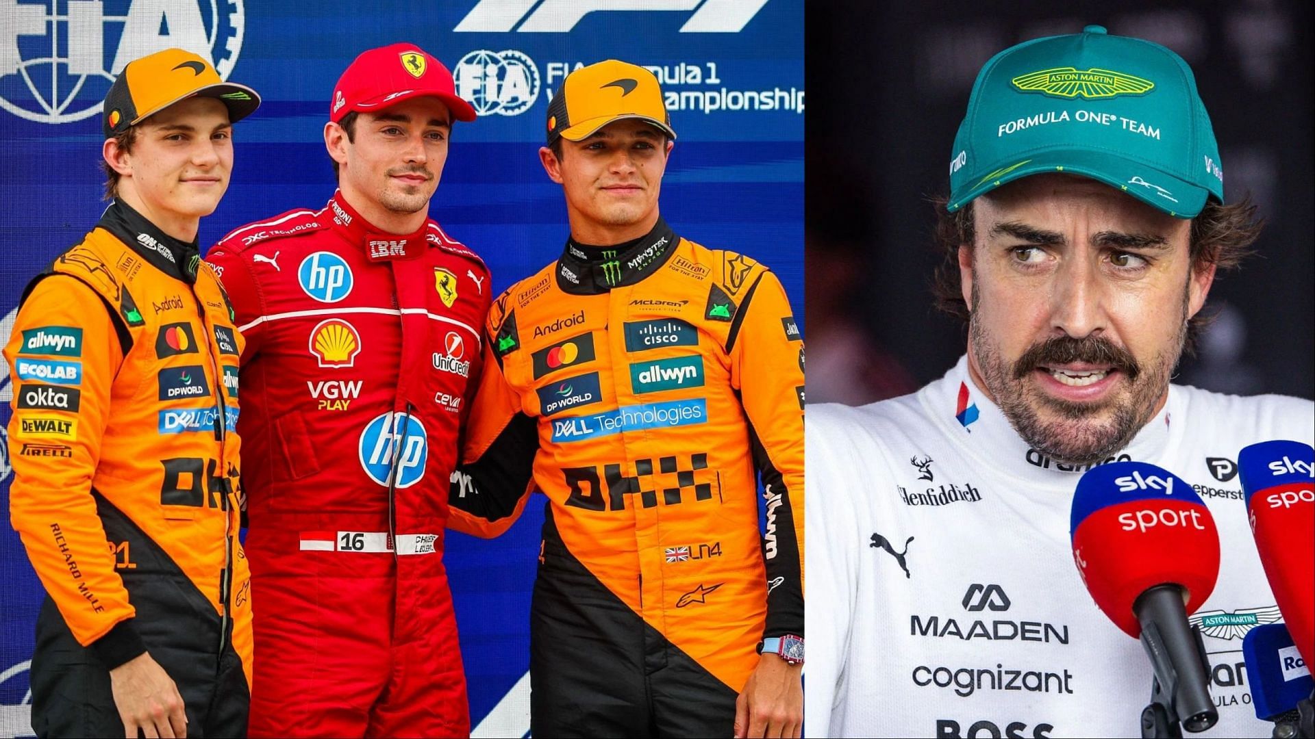 Image Credits: Getty, L: Lando Norris, Charles Leclerc and Oscar Piastri; R: Fernando Alonso