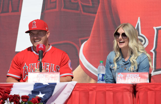 Mike Trout's wife Jessica reacts as Angels superstar etches name in MLB history with record-tying streak